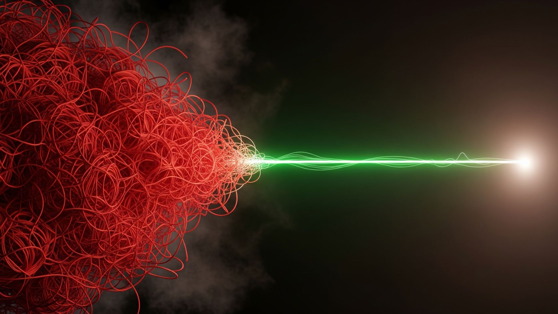 Ein grüner Faden führt aus einem chaotischen roten Knäuel heraus ins Licht