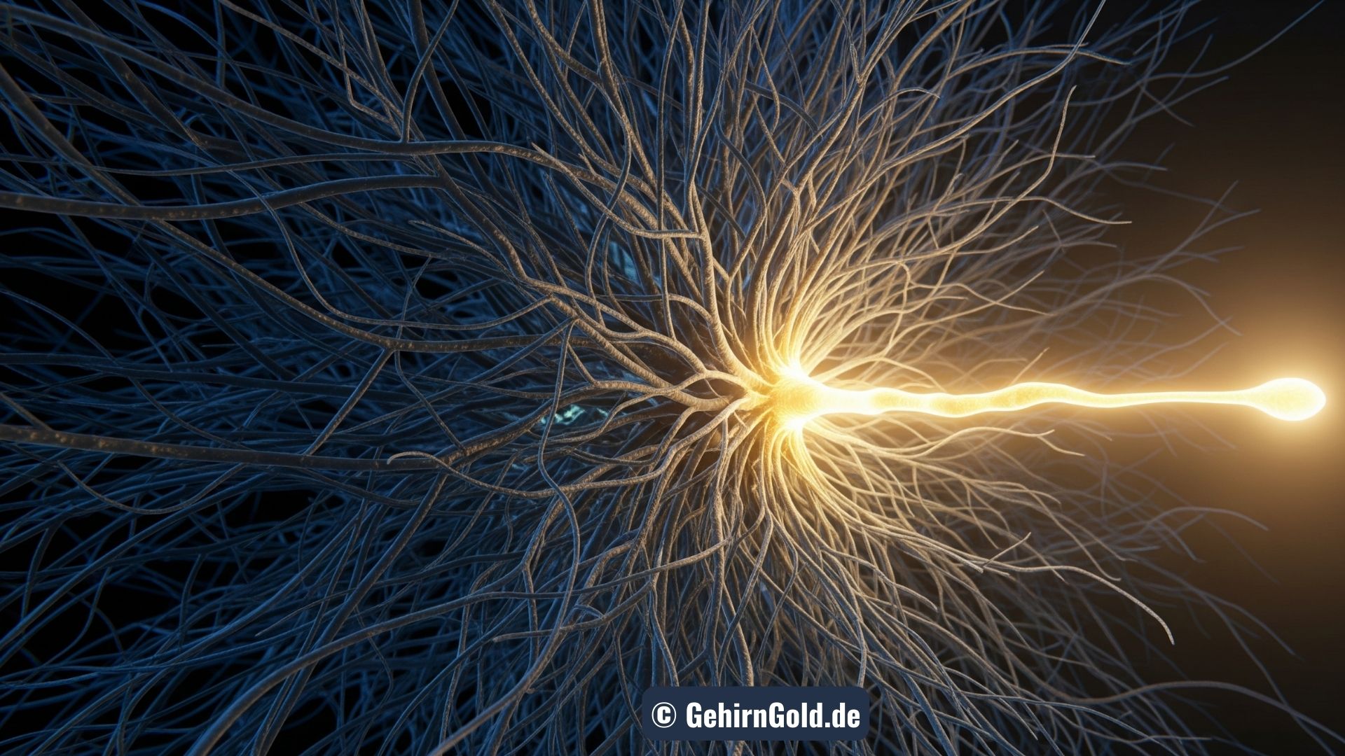 Ein chaotisches, blaues neuronales Netzwerk wird von einer klaren, leuchtend goldenen Bahn durchzogen, die den Weg zur mentalen Klarheit symbolisiert.