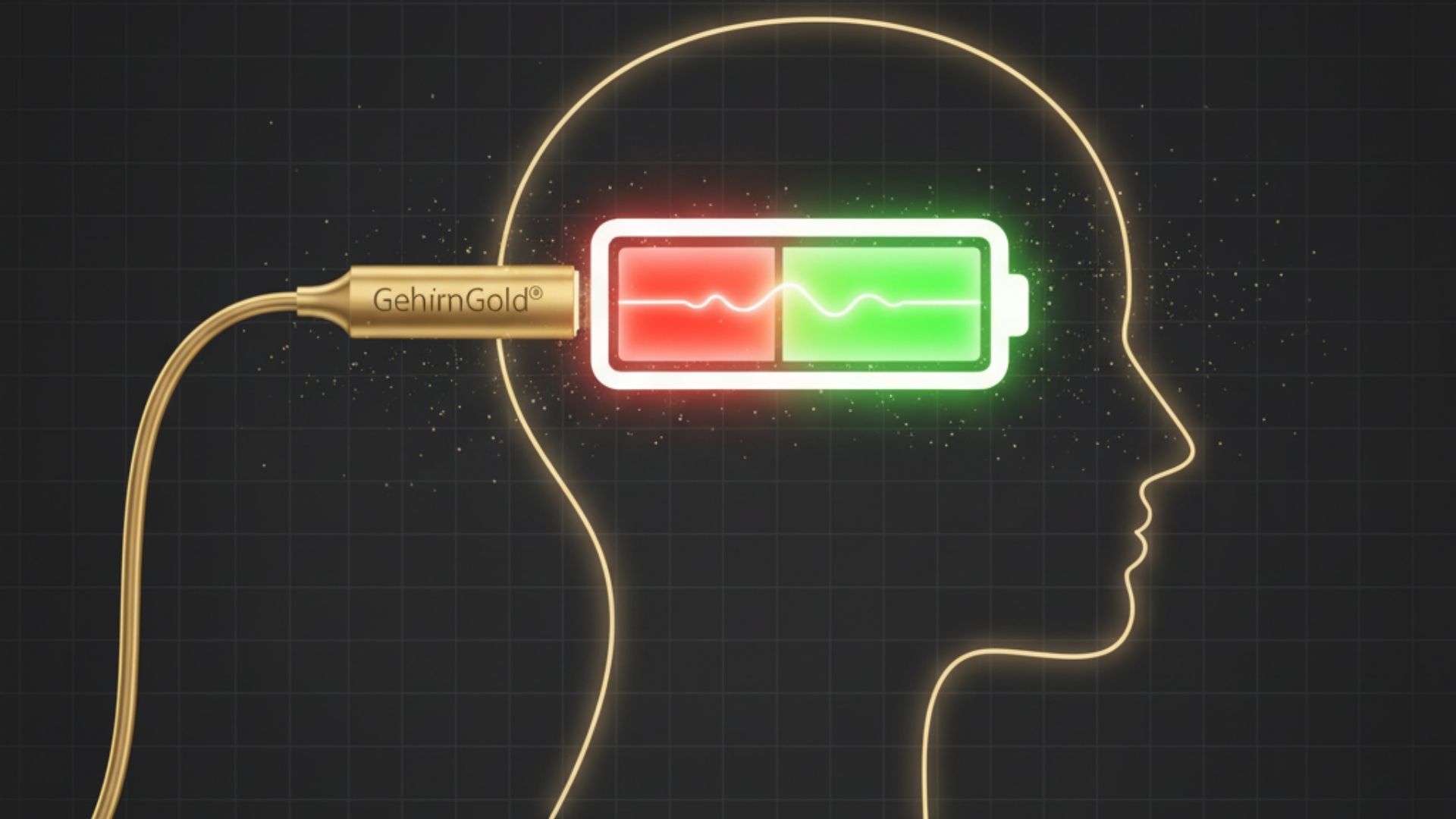 Ein stilisiertes Gehirn, das wie ein Akku-Symbol leuchtet und fast leer ist, was mentale Erschöpfung symbolisiert.