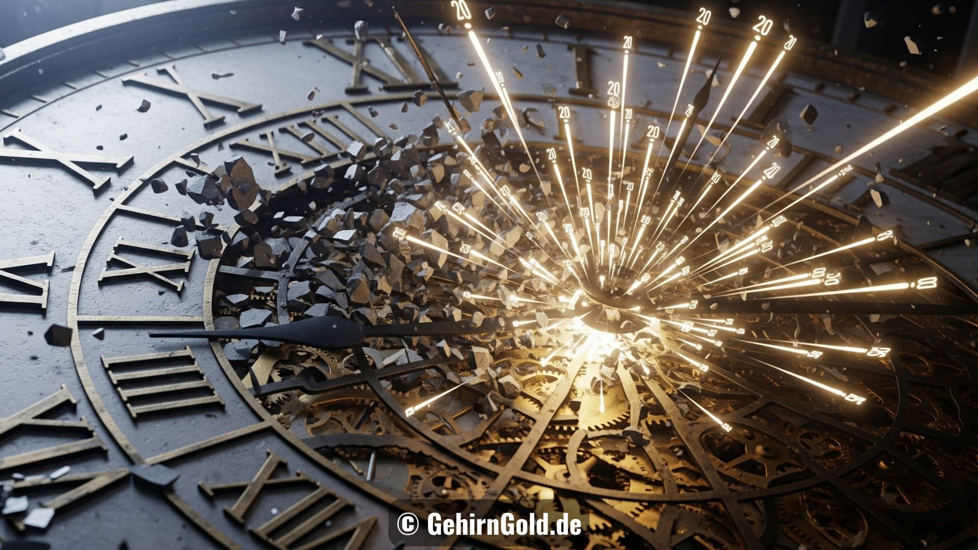 Ein altes Ziffernblatt explodiert und setzt viele kleine 20-Minuten-Segmente frei, als Metapher für den polyphasischen Schlaf.