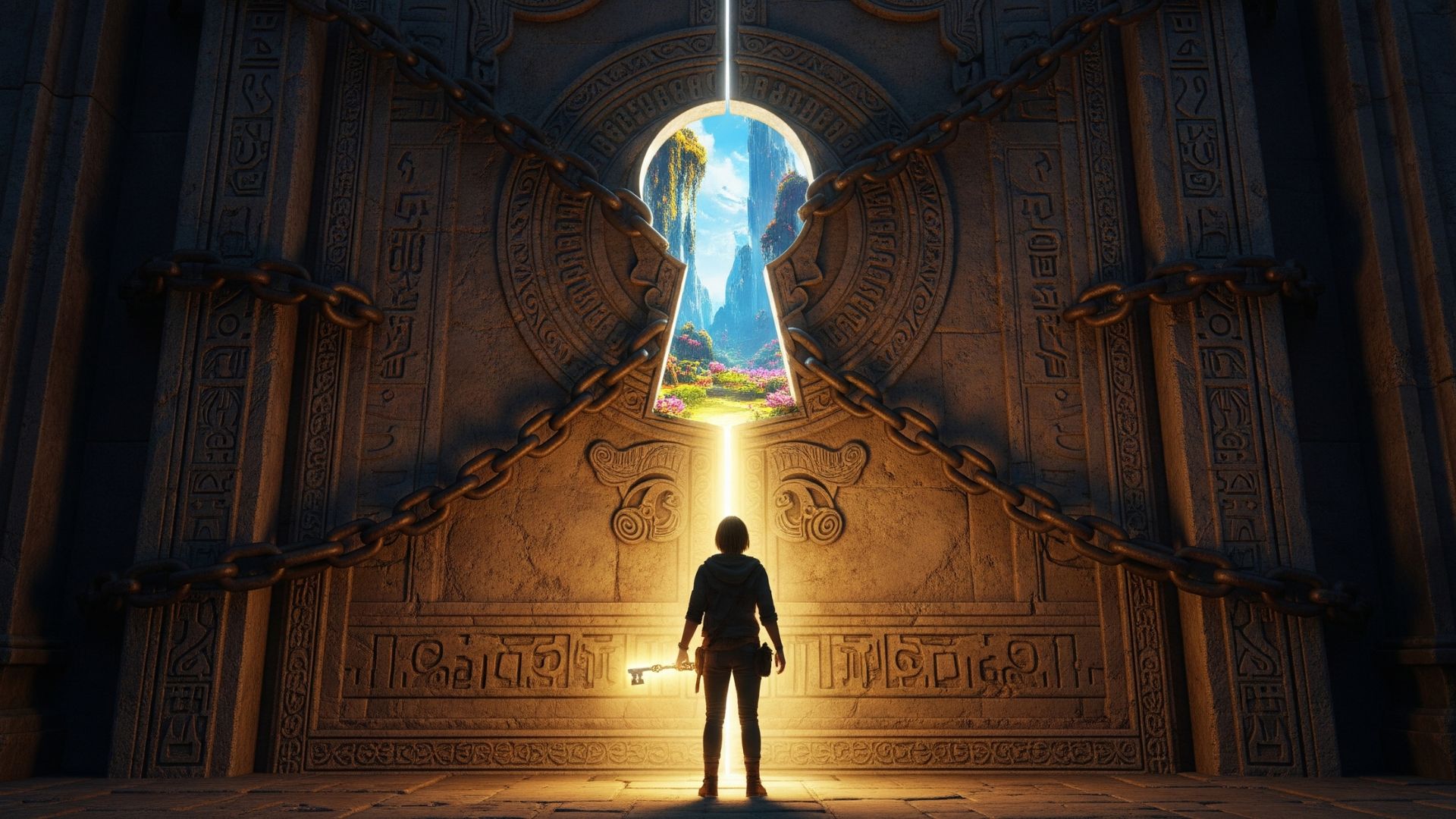 Eine Person hält einen leuchtenden Schlüssel vor einer riesigen, verschlossenen Steintür – Metapher für den PowerNap als Schlüssel zum inneren Potenzial.