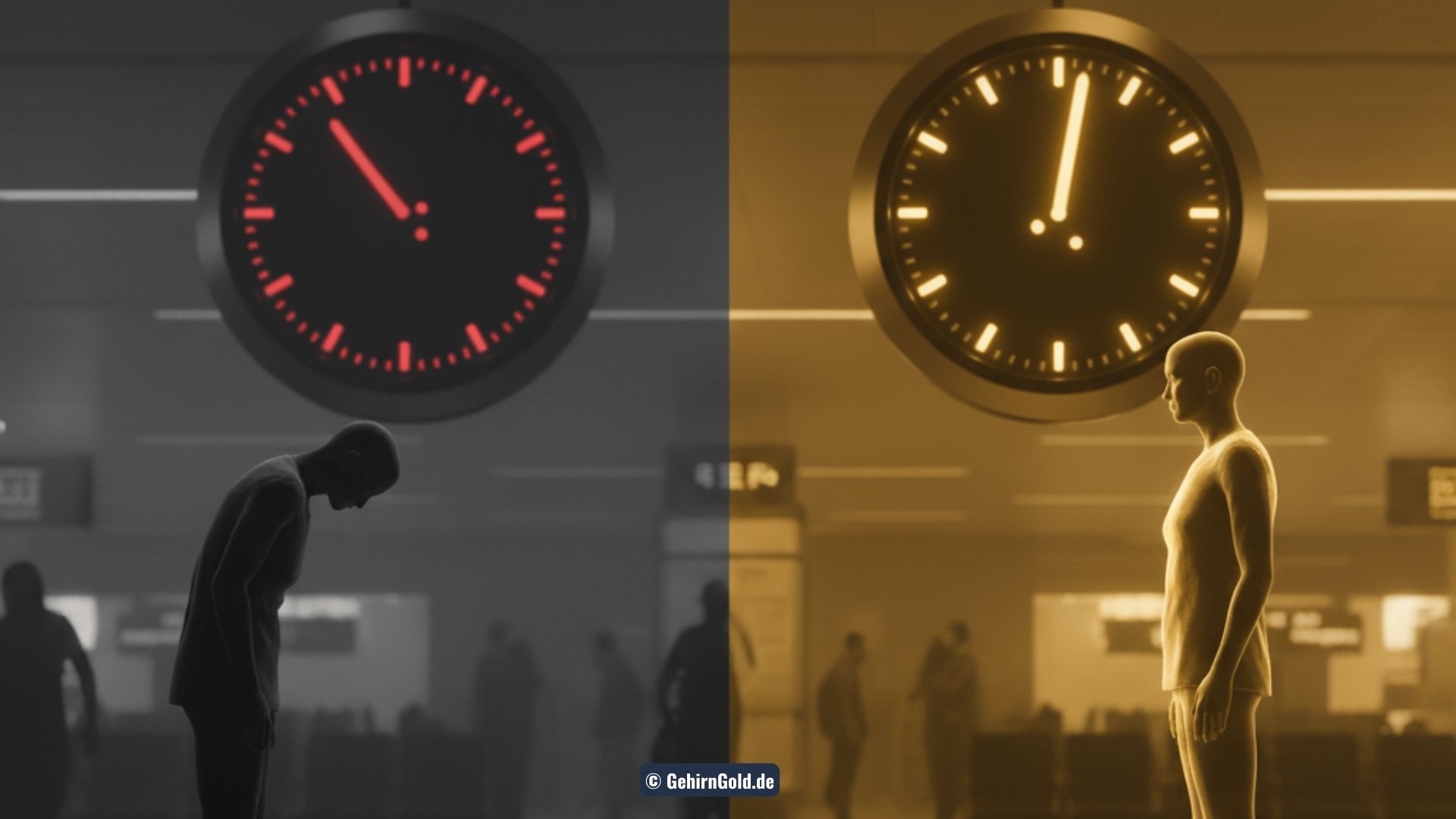 Eine Silhouette geht links durch eine neblige Ankunftshalle mit einer roten Uhr und tritt rechts in eine helle, goldene Umgebung mit einer goldenen Uhr. Metapher für die erfolgreiche Anpassung an eine neue Zeitzone.