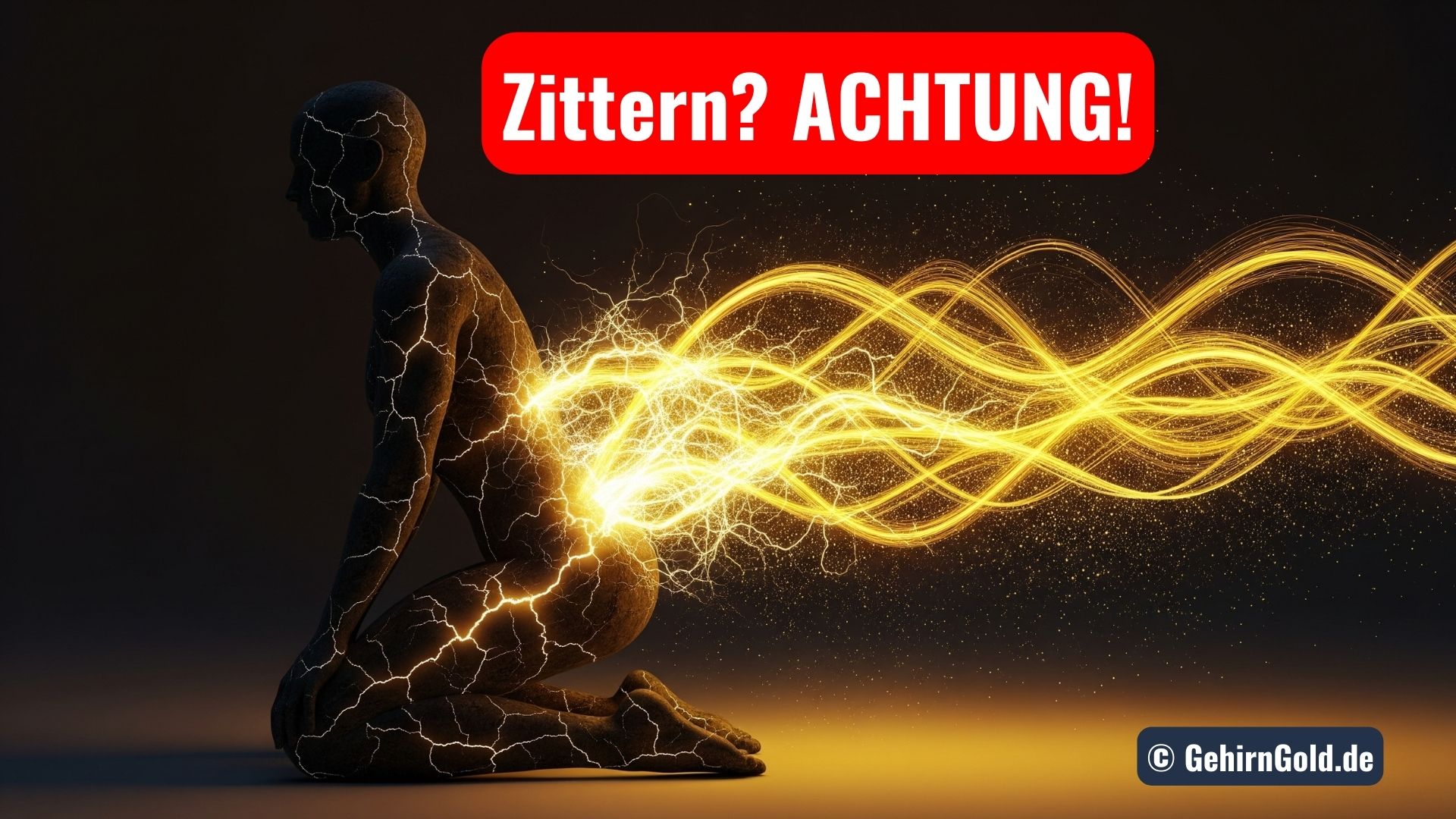 Eine menschliche Silhouette, aus deren Körper angestaute Energie in Form von goldenen Wellen ausbricht und sich in heilendes Licht verwandelt.