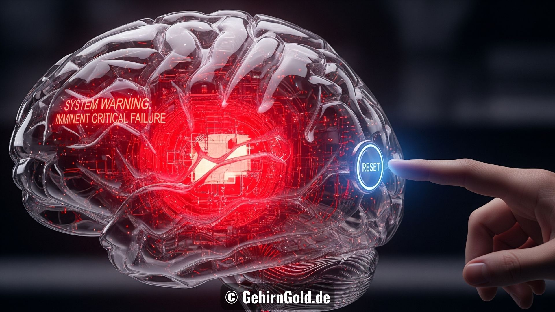Ein gläsernes Gehirn, das innen rot glüht, mit einer Warnmeldung. Eine Hand drückt einen blauen Reset-Knopf.