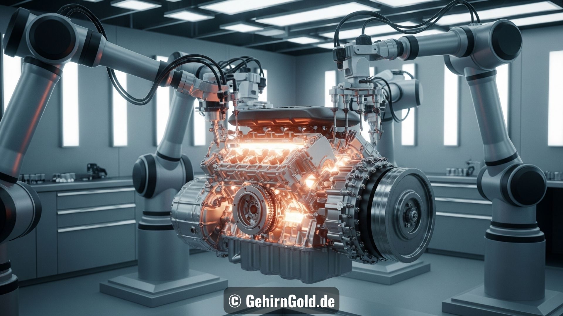 Ein glühender Formel-1-Motor wird in einer Werkstatt gewartet, als Metapher für Regeneration.