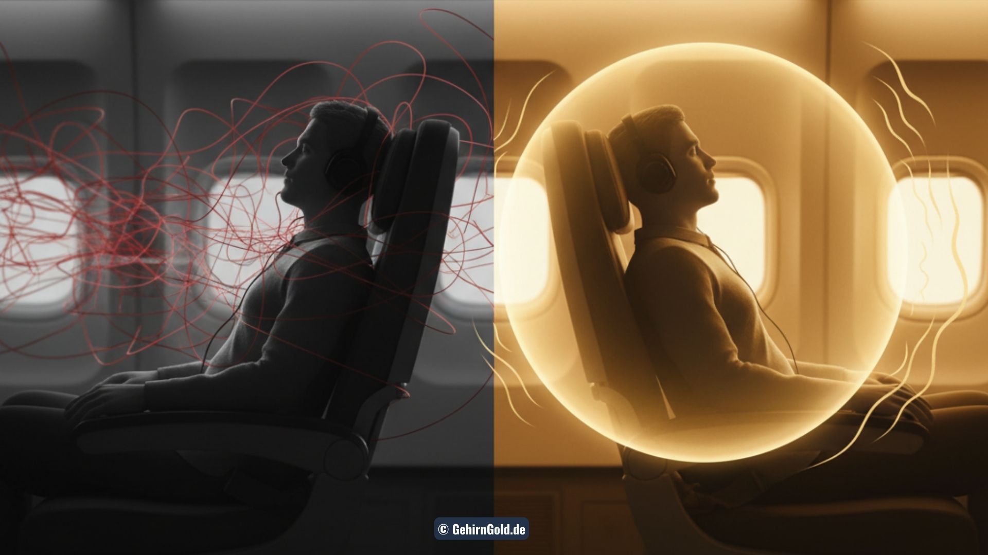 Eine Silhouette sitzt links gestresst im Flugzeug und verwandelt sich rechts in eine entspannte Person in einer goldenen Schutzkapsel. Metapher für den In-Flight-Reset.