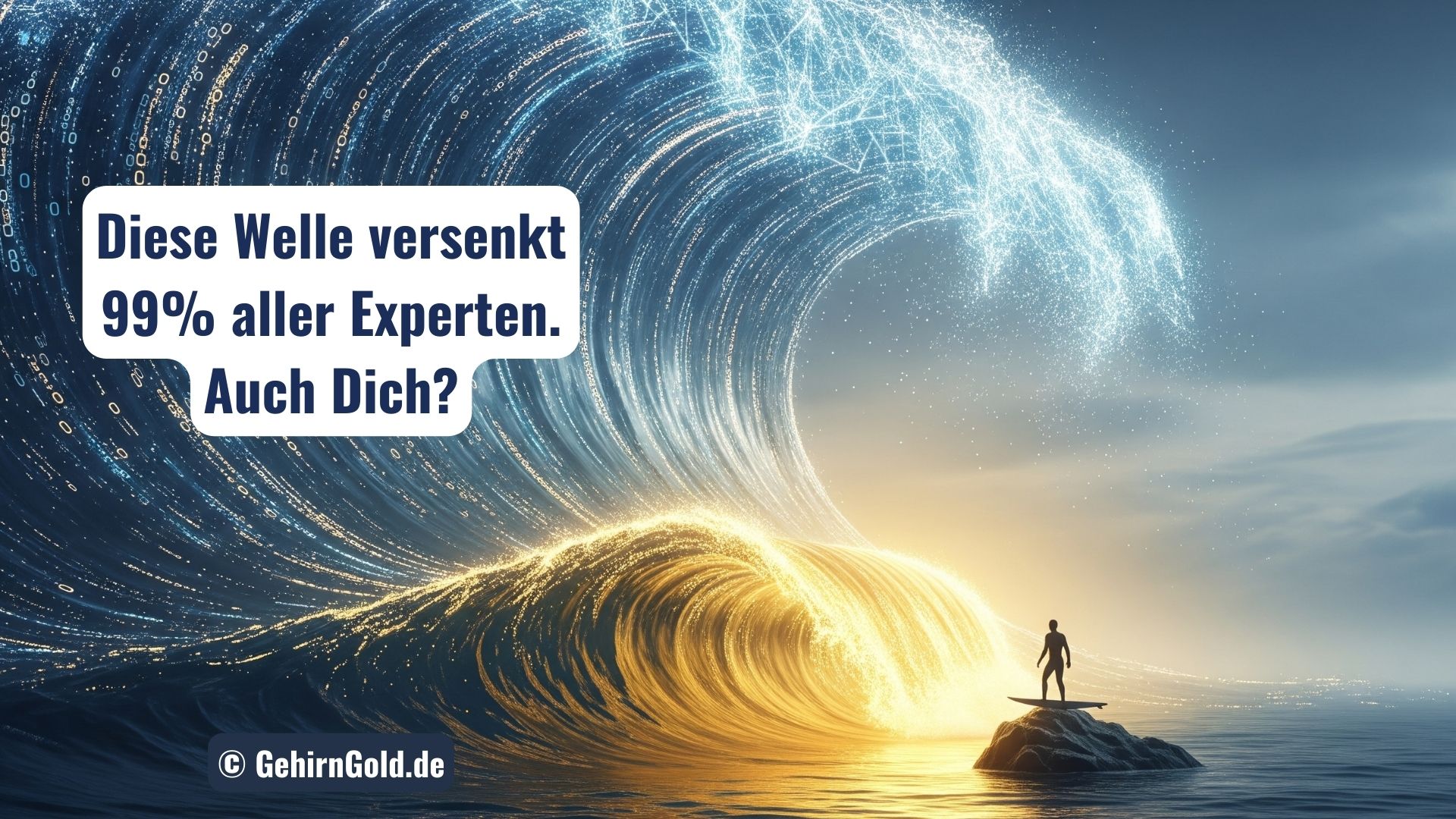 Eine riesige digitale KI-Welle, die sich für einen einzelnen Surfer in eine perfekte goldene Welle verwandelt.