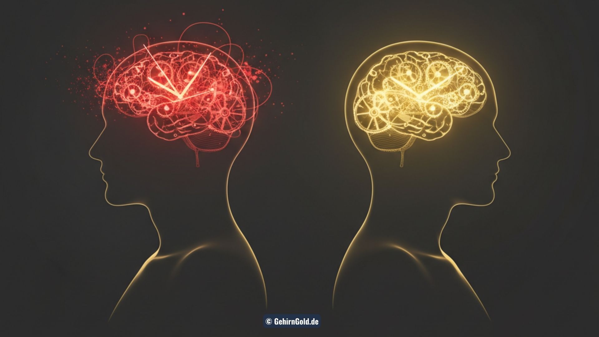 Eine Silhouette, deren Gehirn-Uhrwerk von chaotisch rot zu harmonisch gold transformiert wird. Metapher für das Meistern der Zeitumstellung mit einem PowerNap.
