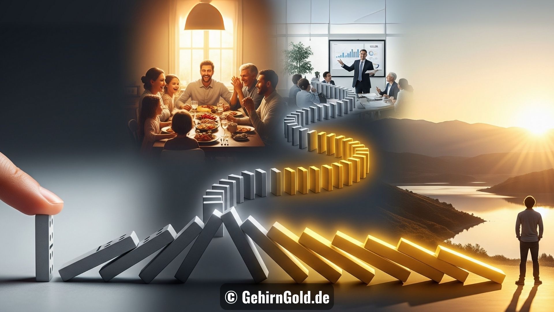 Eine Person durchlebt eine Transformation von mentalem Chaos zu innerer Klarheit und visionärer Ruhe.