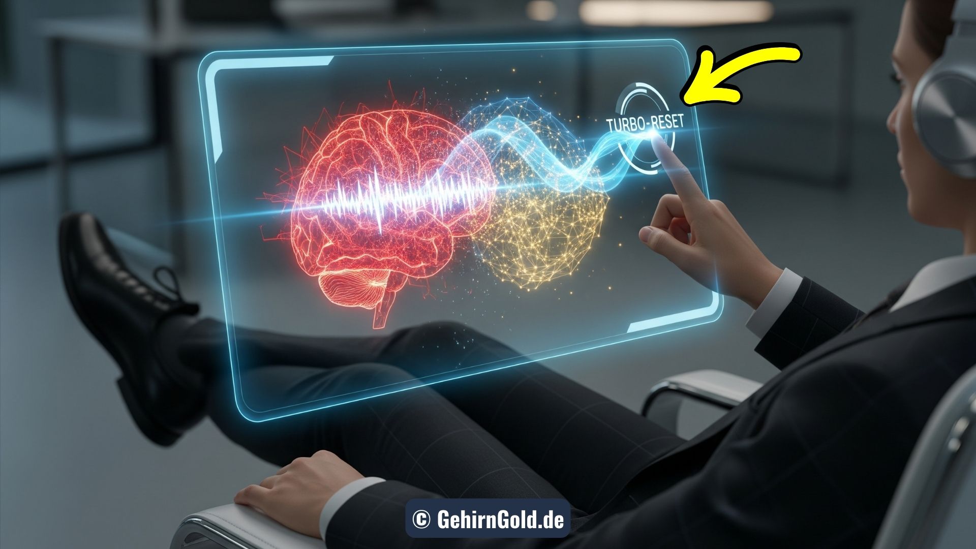 Ein Profi nutzt eine futuristische Oberfläche, um per Knopfdruck einen 'Turbo-Reset' für sein Gehirn auszulösen und von Chaos zu Ordnung zu wechseln.