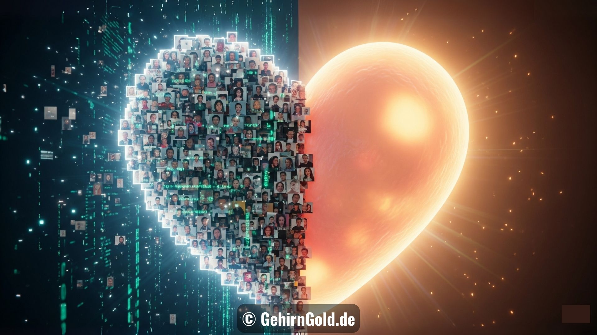Ein geteiltes Bild zeigt links ein fragmentiertes, pixeliges Herz und rechts ein ganzes, warm leuchtendes Herz.