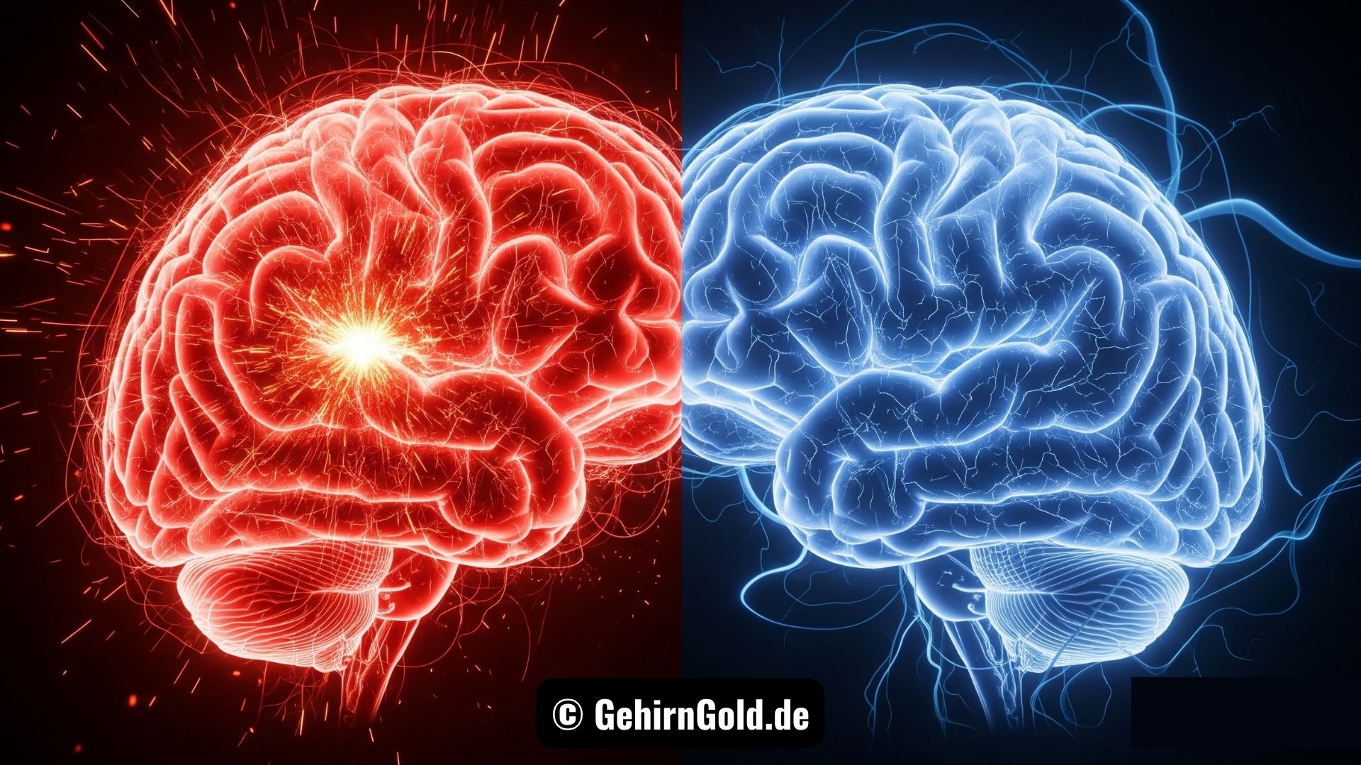 Ein geteiltes Bild zeigt links ein überreiztes, rot glühendes Gehirn (Kaffee) und rechts ein ruhiges, blau leuchtendes Gehirn (PowerNap).