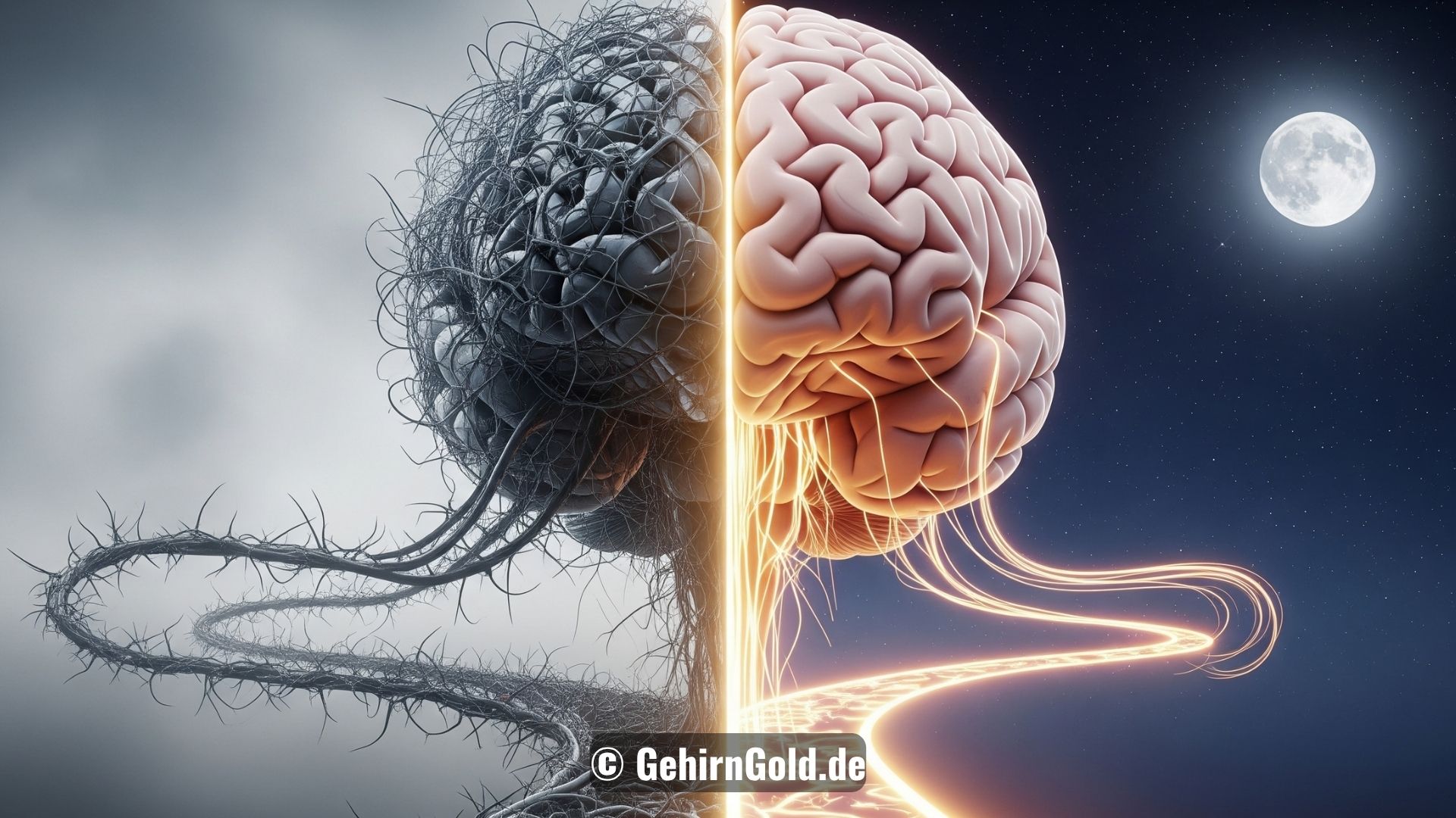 Ein geteiltes Bild zeigt links ein chaotisches Gehirn (Tag) und rechts einen klaren Pfad zu einem ruhigen Nachthimmel (Nacht).