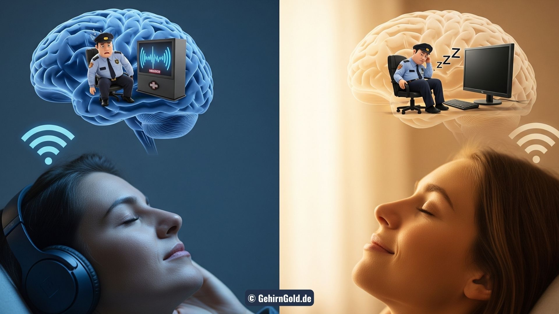 Ein Gehirn wird von einem inneren Wächter überwacht (Standby-Modus) vs. ein Gehirn in tiefer, ungestörter Ruhe (Offline-Modus).