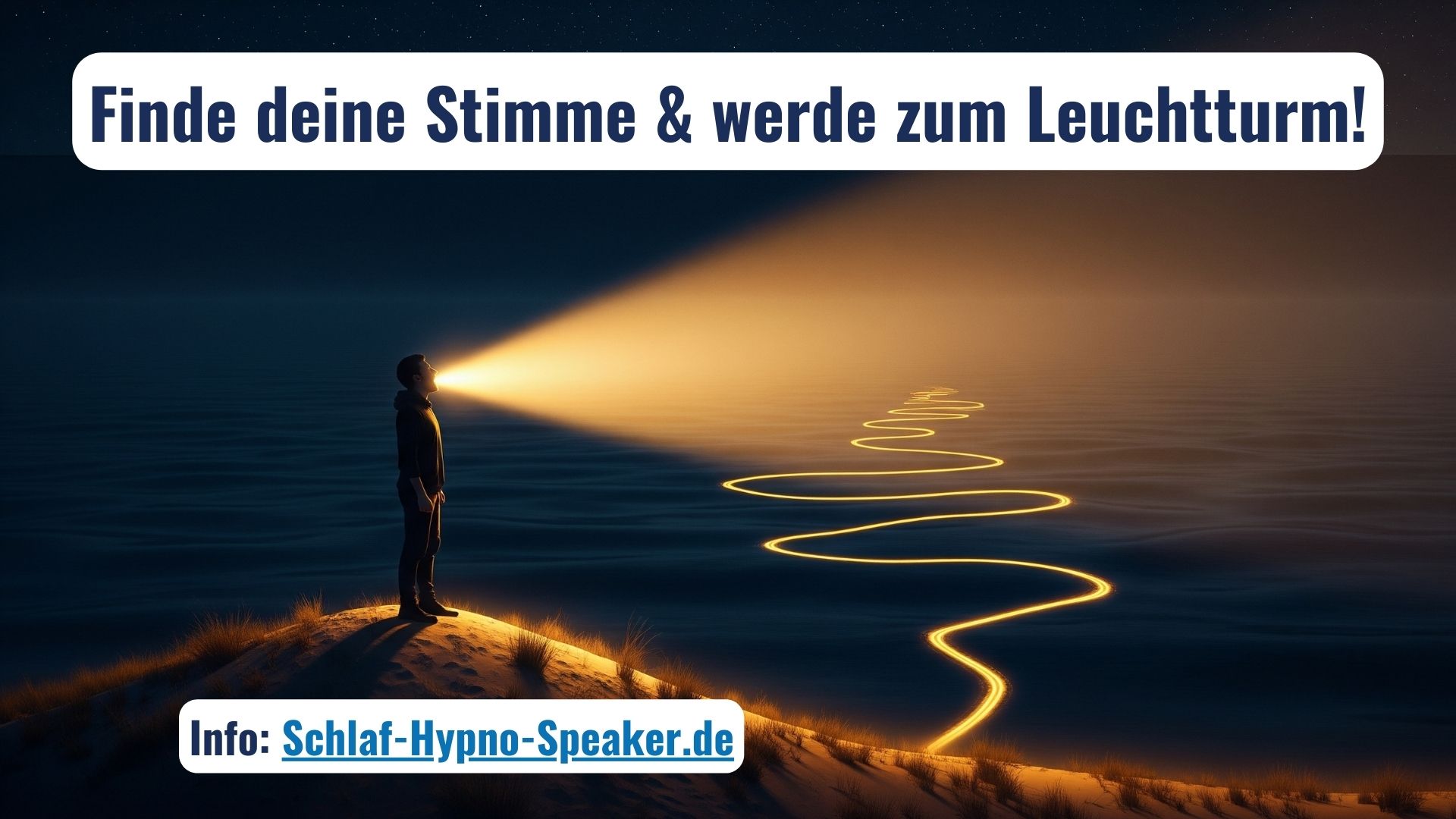 Eine Person, deren Stimme zu einem Leuchtturm-Strahl wird und eine dunkle Landschaft erhellt.