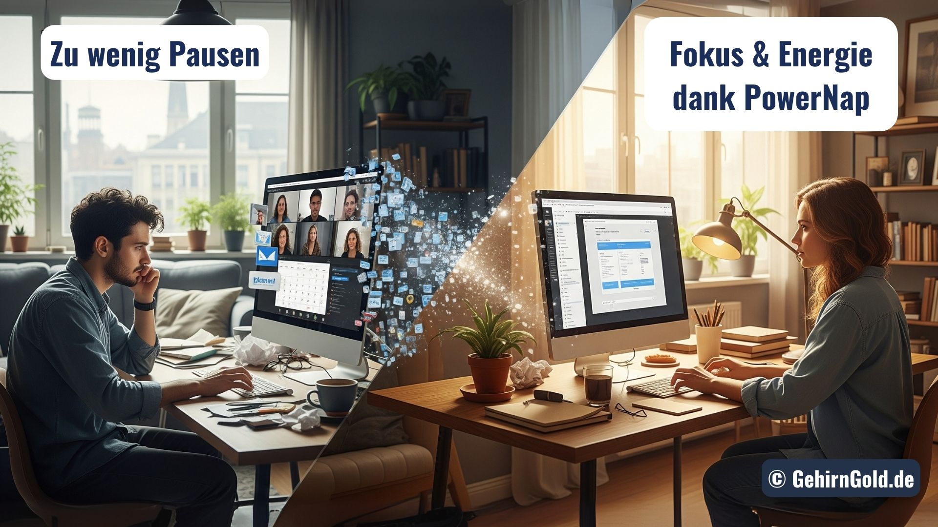 Eine Person verwandelt eine chaotische Homeoffice-Umgebung in einen Ort der Ruhe und des tiefen Fokus.