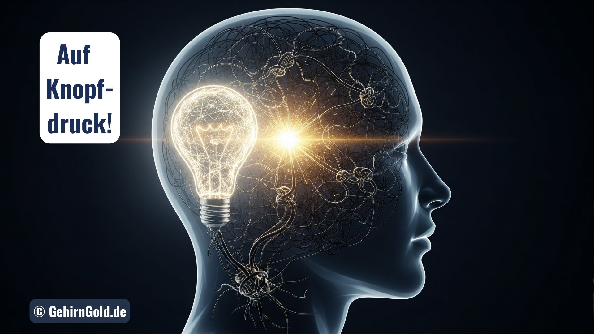 Ein leuchtendes neuronales Netzwerk im Gehirn formt eine Glühbirne, Symbol für eine zündende Idee.