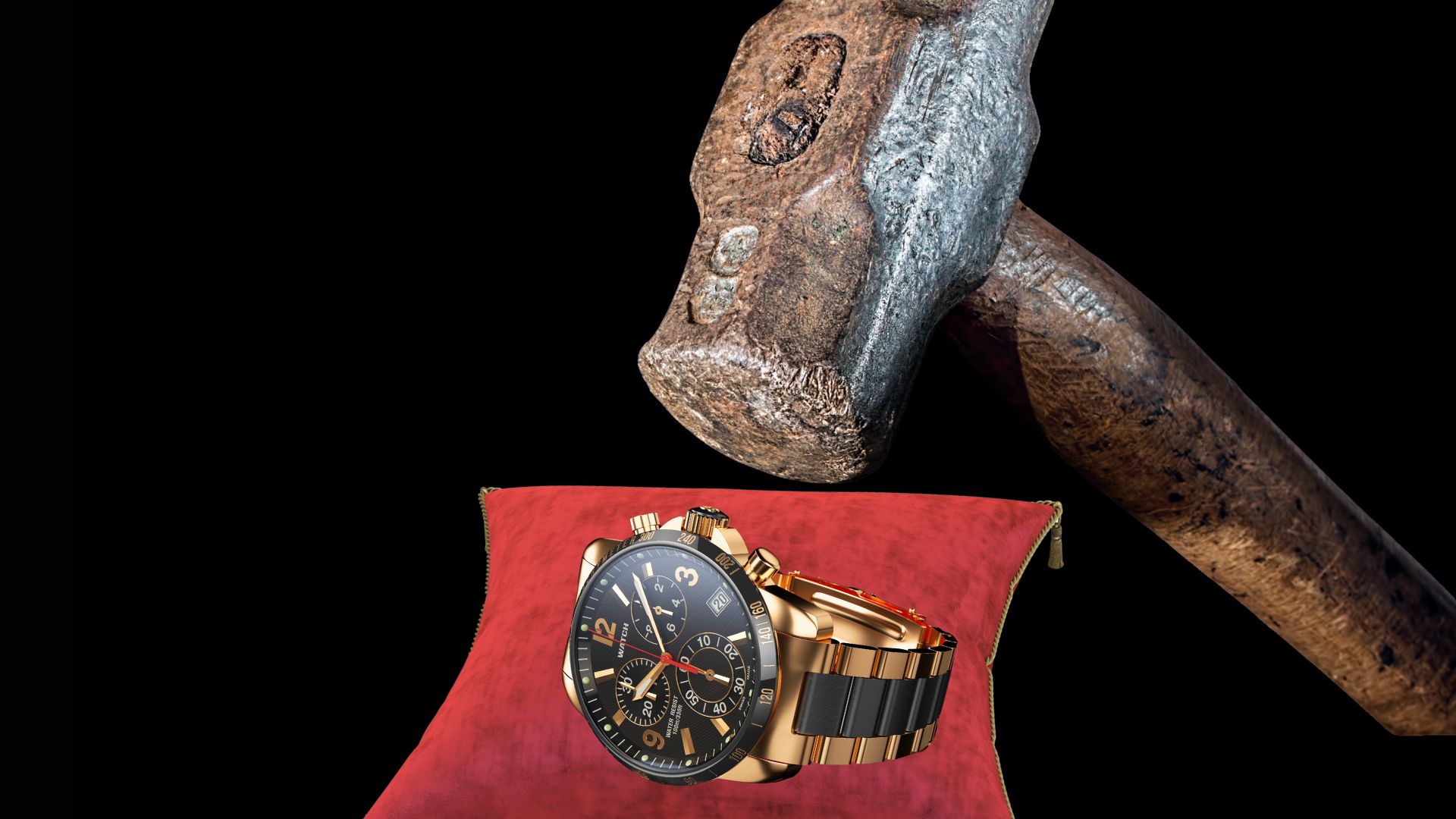 Symbolbild für den Einsatz des falschen Werkzeugs: ein schwerer Hammer schwebt über einer filigranen Uhr