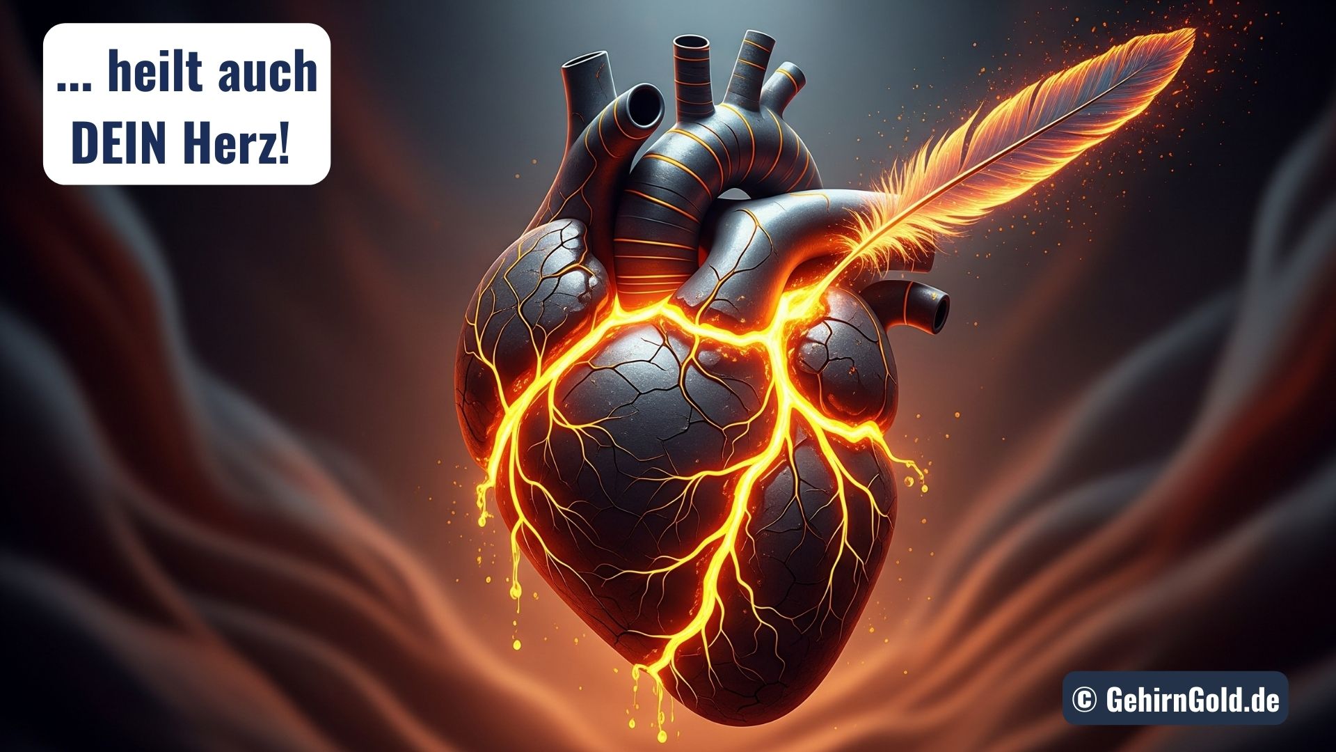 Metapher für Stärke aus Verletzlichkeit: Ein gebrochenes Herz aus Stein, dessen Risse mit leuchtendem Gold gefüllt sind und aus dem eine Phönix-Feder wächst.