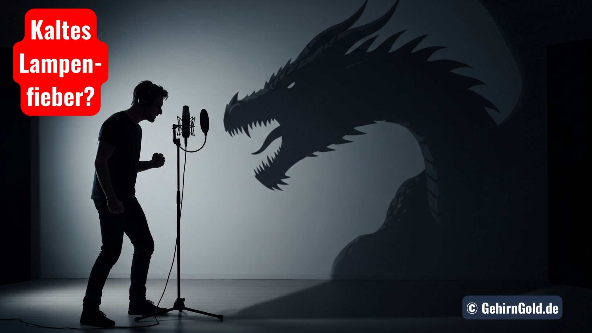 Ein Mann vor einem Mikrofon, dessen Schatten die Form eines bedrohlichen Drachens hat, der die zurückkehrende Redeangst symbolisiert.