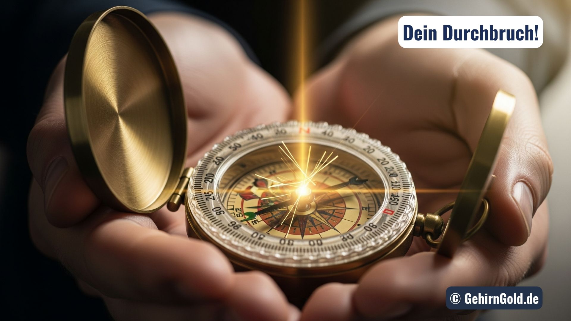 Ein Kompass, dessen Nadel von einem Lichtstrahl getroffen wird und klar in eine Richtung zeigt, als Symbol für den Klarheits-Durchbruch.