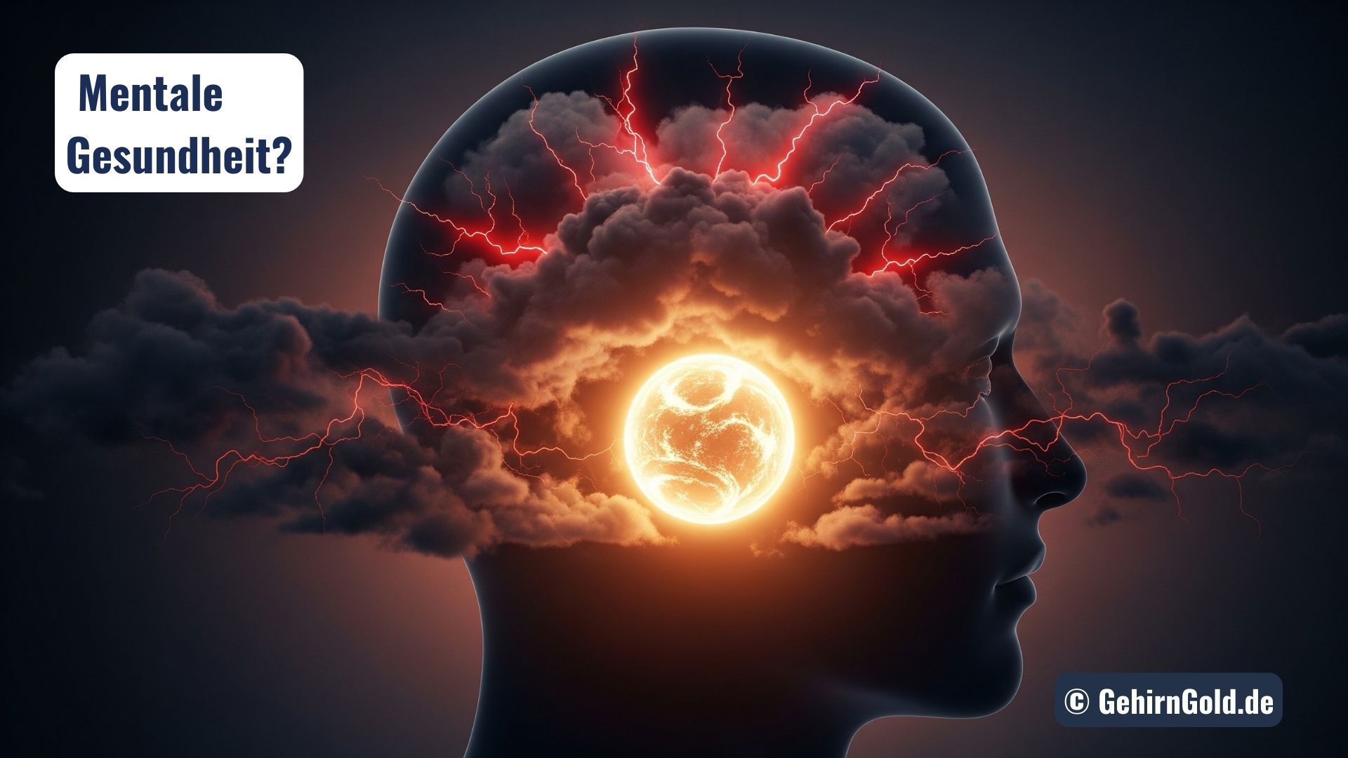 Ein stilisierter Kopf, in dem eine goldene Kugel der Ruhe einen dunklen Sturm des Stresses verdrängt.