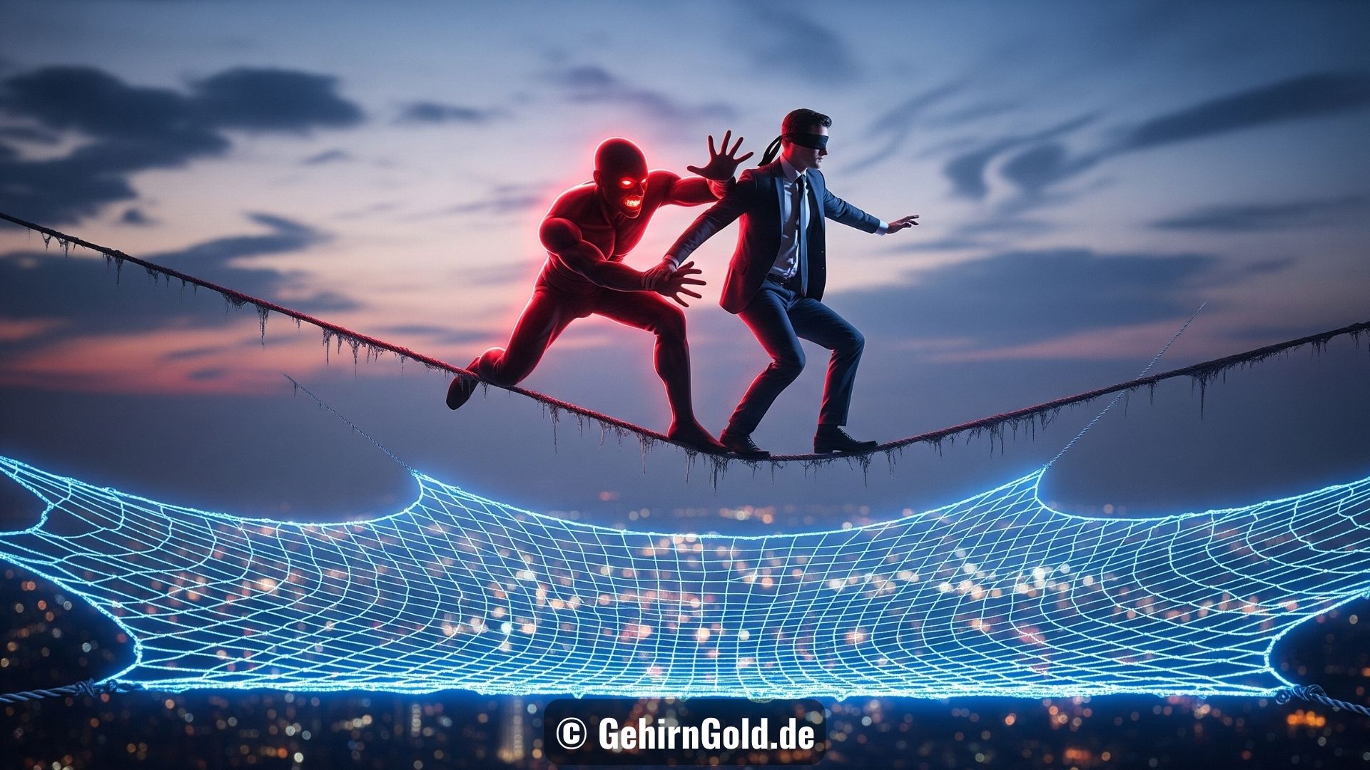 Ein Seiltänzer mit verbundenen Augen wird von einer roten Figur vorwärts gestoßen, unter ihm ist ein blaues Sicherheitsnetz.