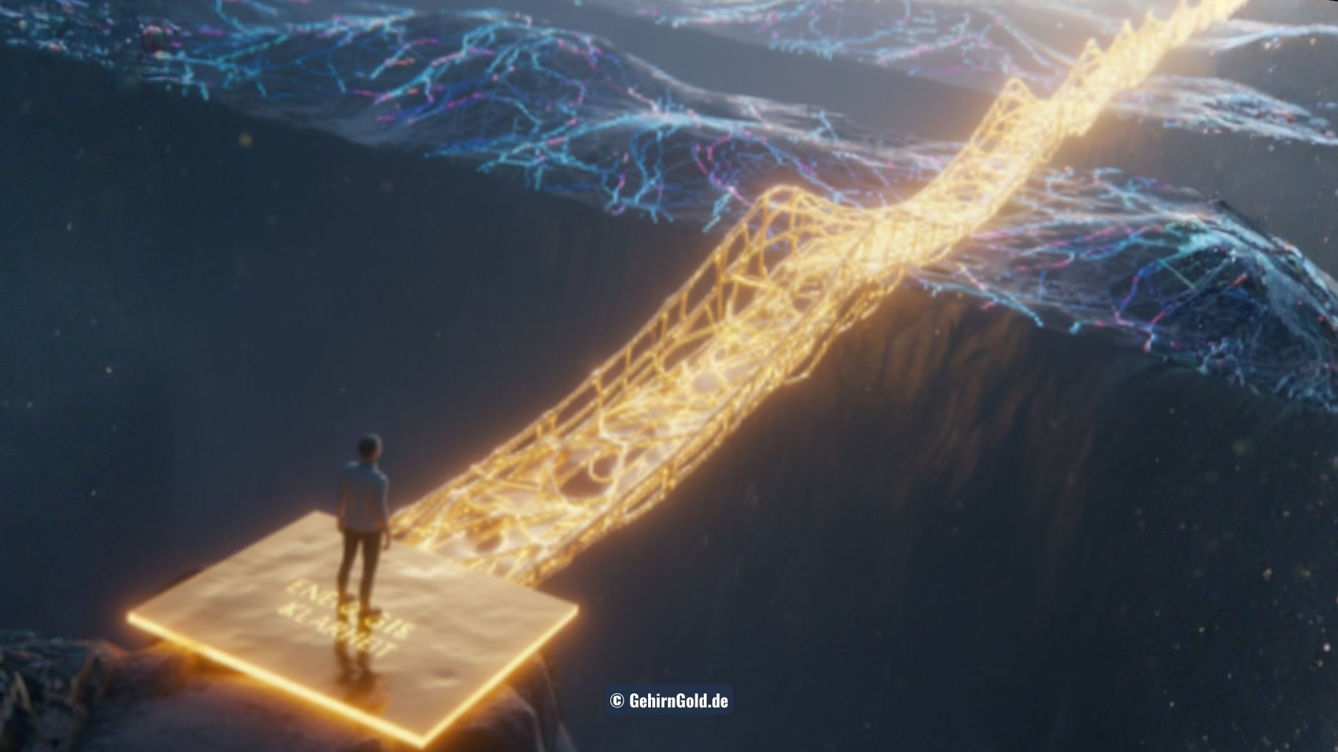 Ein Weg teilt sich: Ein gerader Weg führt zu einem Hamsterrad, ein abzweigender Weg führt zu einem leuchtenden Horizont.