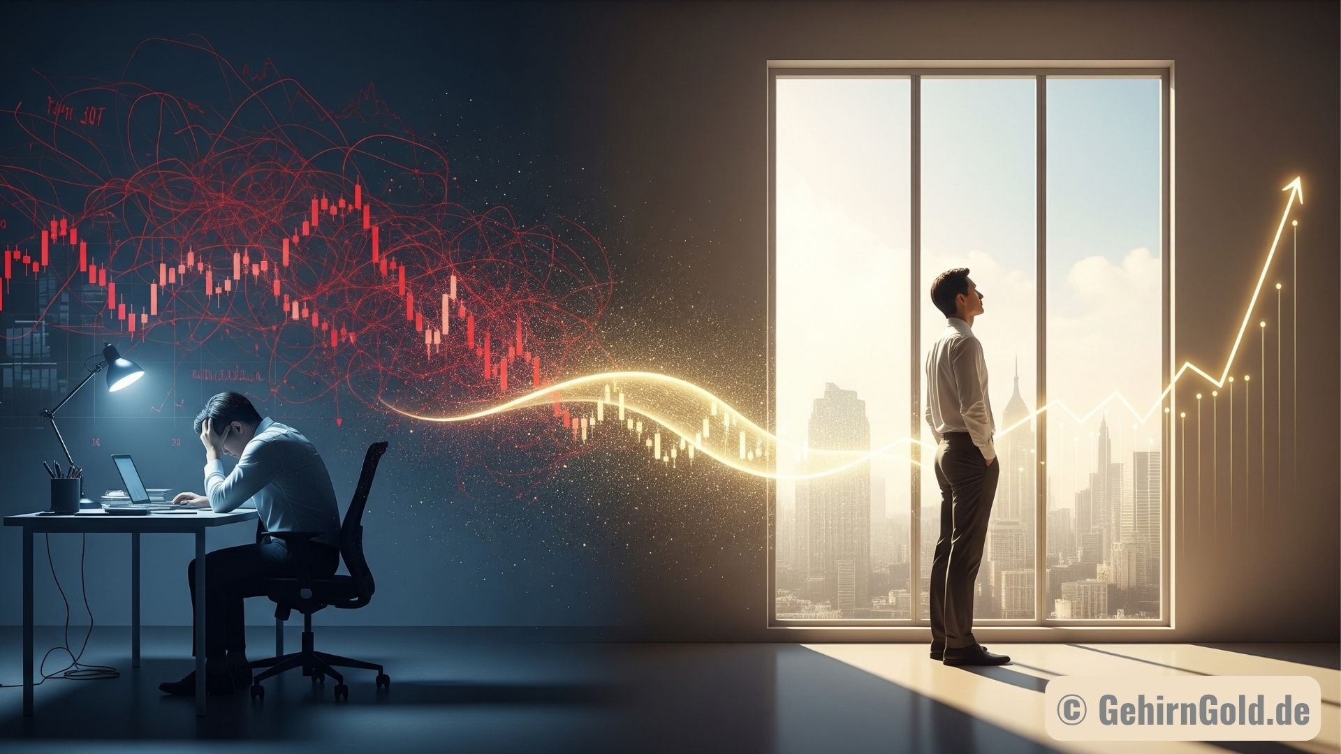 Eine Person durchlebt eine Transformation von einem gestressten Mangel-Denken zu einem klaren, auf Fülle ausgerichteten Wohlstands-Mindset.