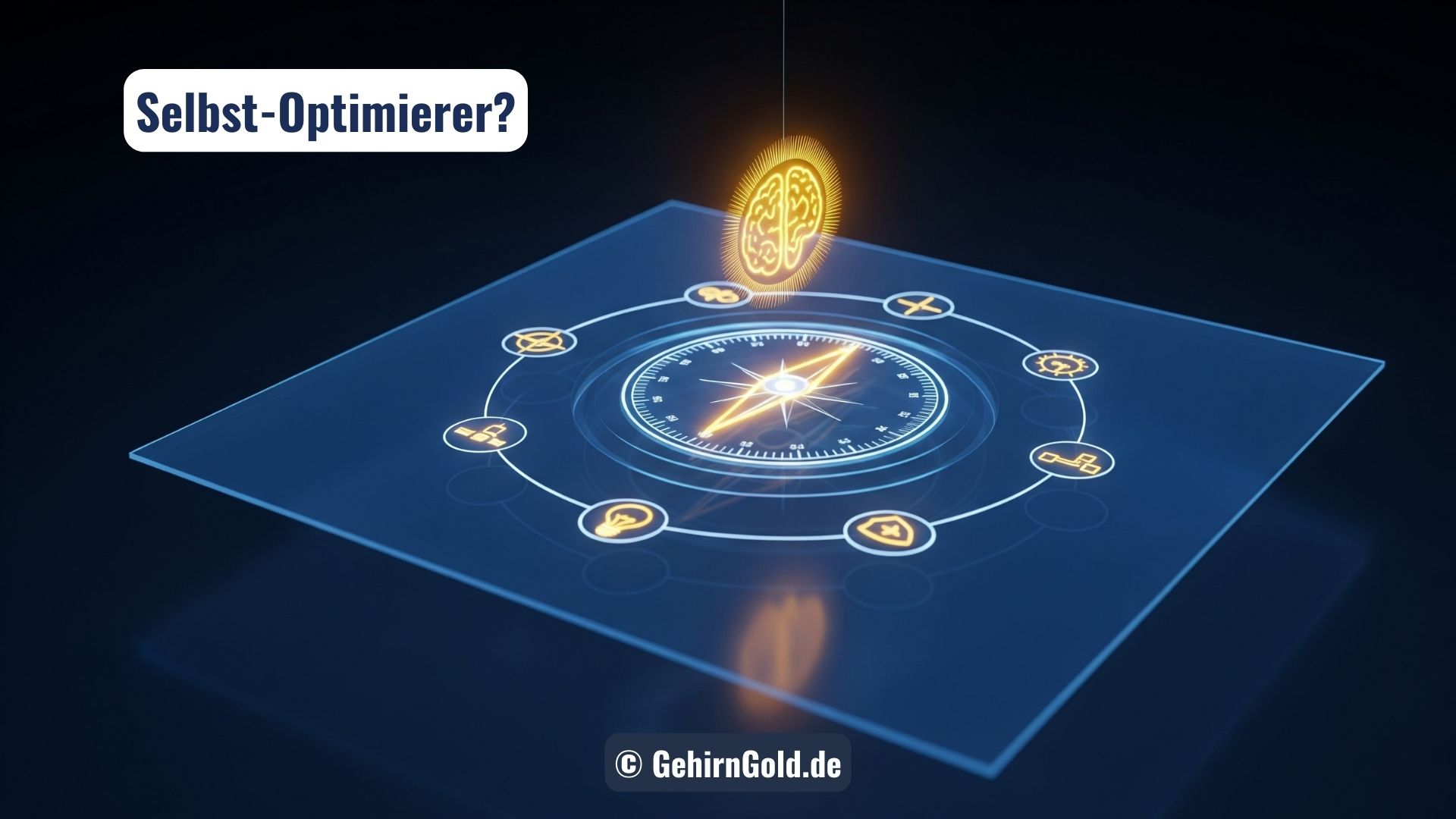 Ein futuristischer Kompass, der auf ein leuchtendes Gehirn-Symbol zeigt, umgeben von Icons für mentale Werkzeuge.