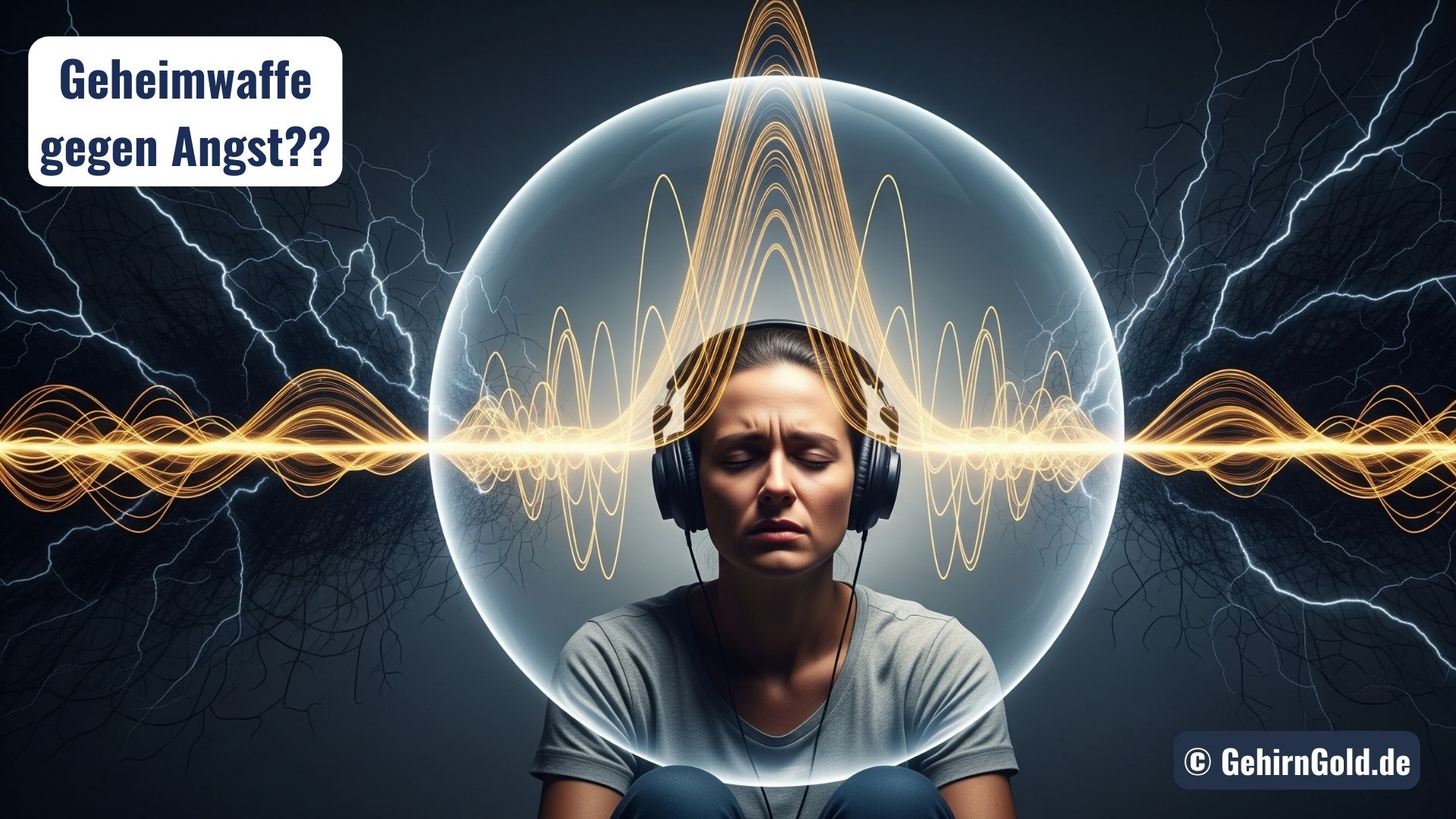 Eine Person mit Kopfhörern, aus denen goldene Schallwellen eine schützende Sphäre gegen einen Sturm bilden.
