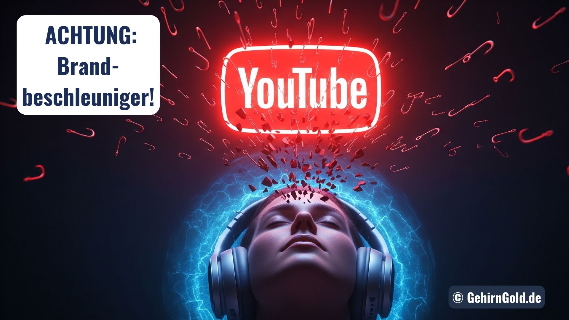 Metapher für einen gestörten YouTube-PowerNap: Rote Angelhaken (Ablenkungen) prallen an einer blauen Schutz-Aura ab, die durch Kopfhörer erzeugt wird.