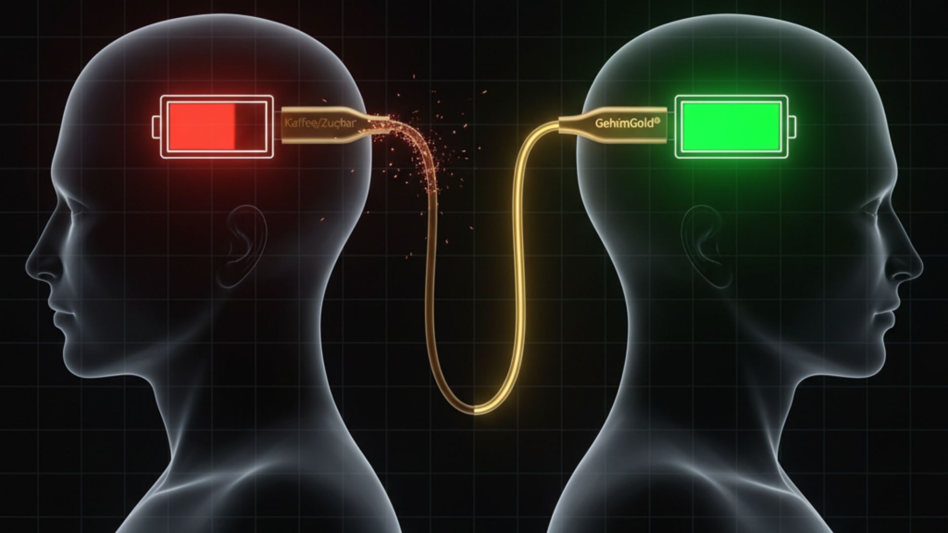 Ein stilisiertes Ladekabel, das in ein menschliches Gehirn eingesteckt ist, symbolisiert den PowerNap als mentales Ladekabel.