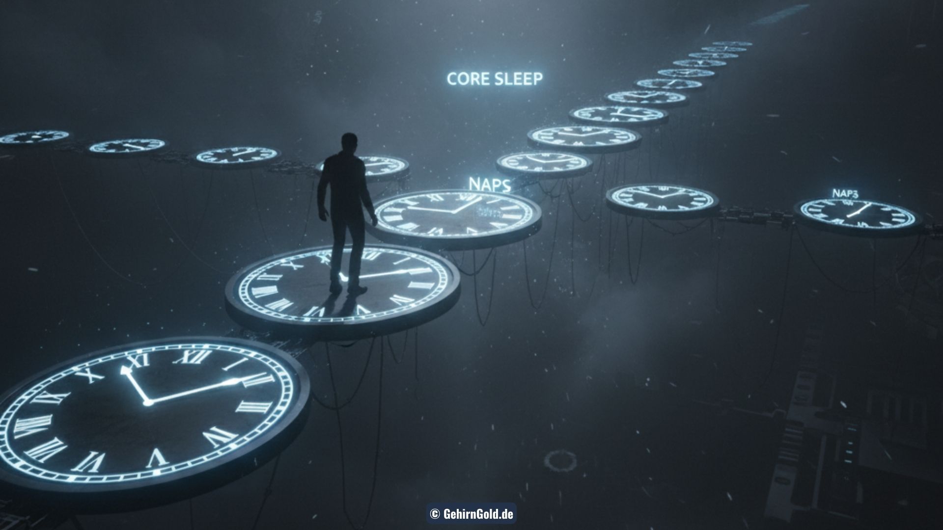 Ein Mann, der entschlossen auf einen schmalen, leuchtenden Pfad blickt, der durch eine dunkle, stürmische Landschaft führt. Der Pfad symbolisiert den schwierigen Weg des Everyman-Schlafplans.