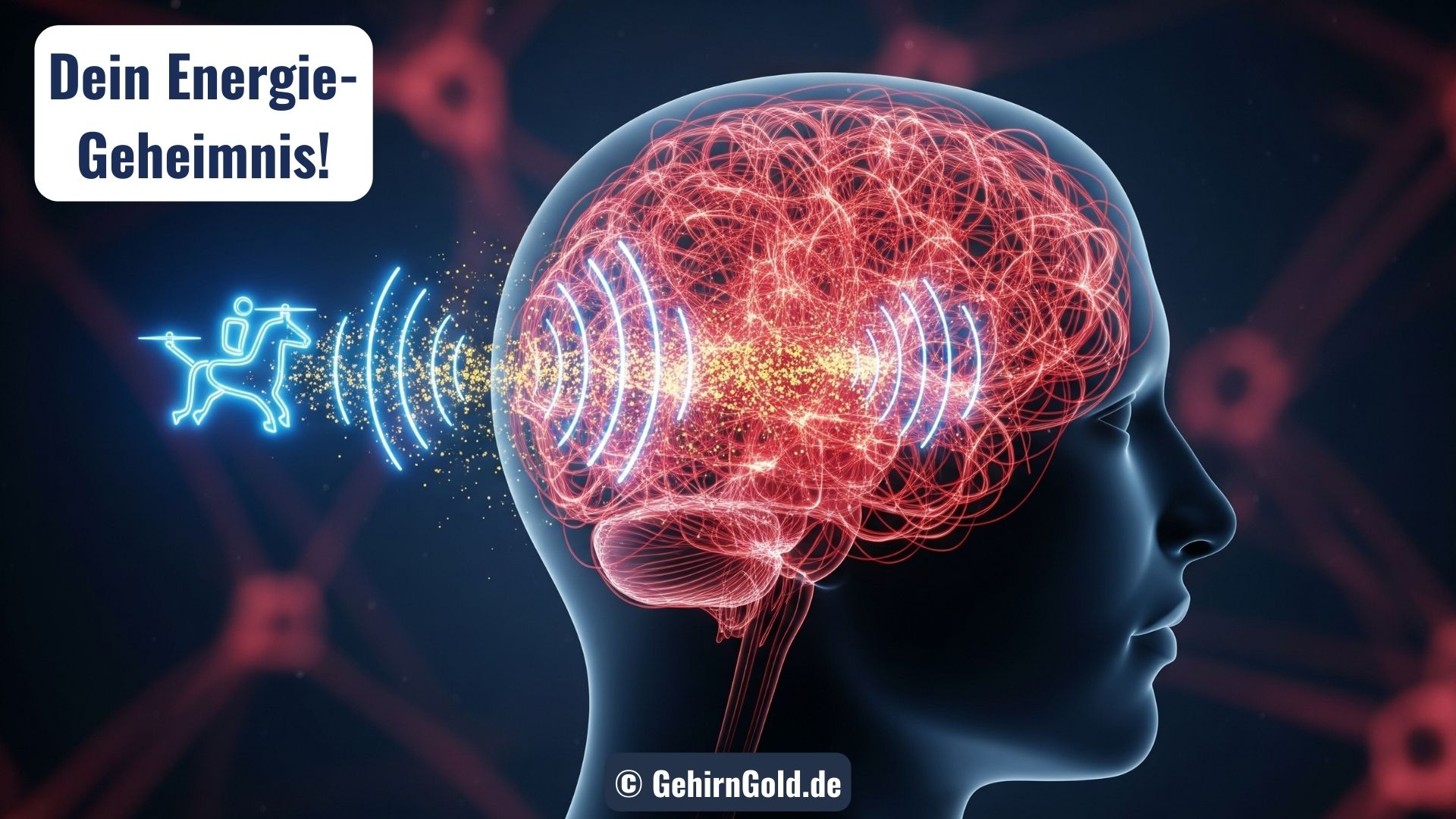 Metapher für einen PowerNap als Leistungsturbo: Ein blauer, trojanischer Reiter bringt Ordnung in ein chaotisches, rotes neuronales Netzwerk im Kopf.