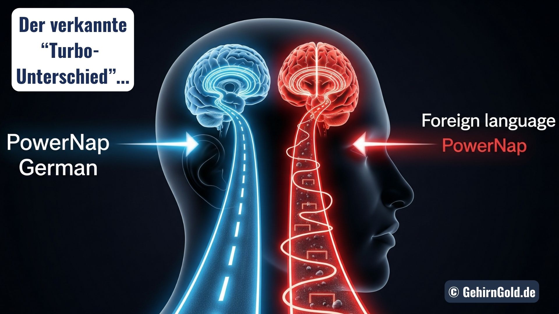 Metapher für einen deutschsprachigen PowerNap: Eine blaue, direkte Autobahn führt zur Entspannung, während ein roter, komplizierter Pfad die Anstrengung bei Fremdsprachen symbolisiert.