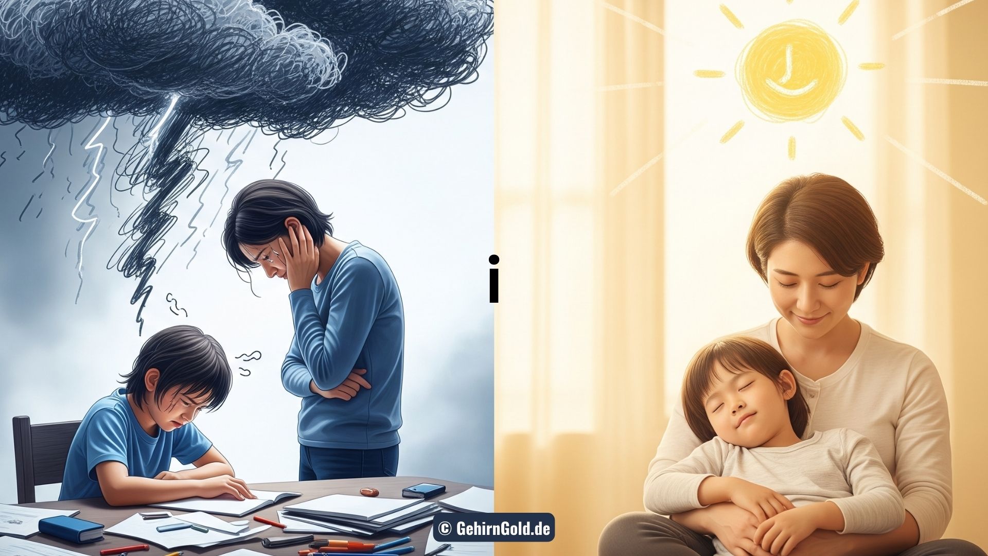 Ein Elternteil und ein Kind in einer harmonischen, ruhigen Szene, die den Kontrast zum Alltagsstress darstellt.