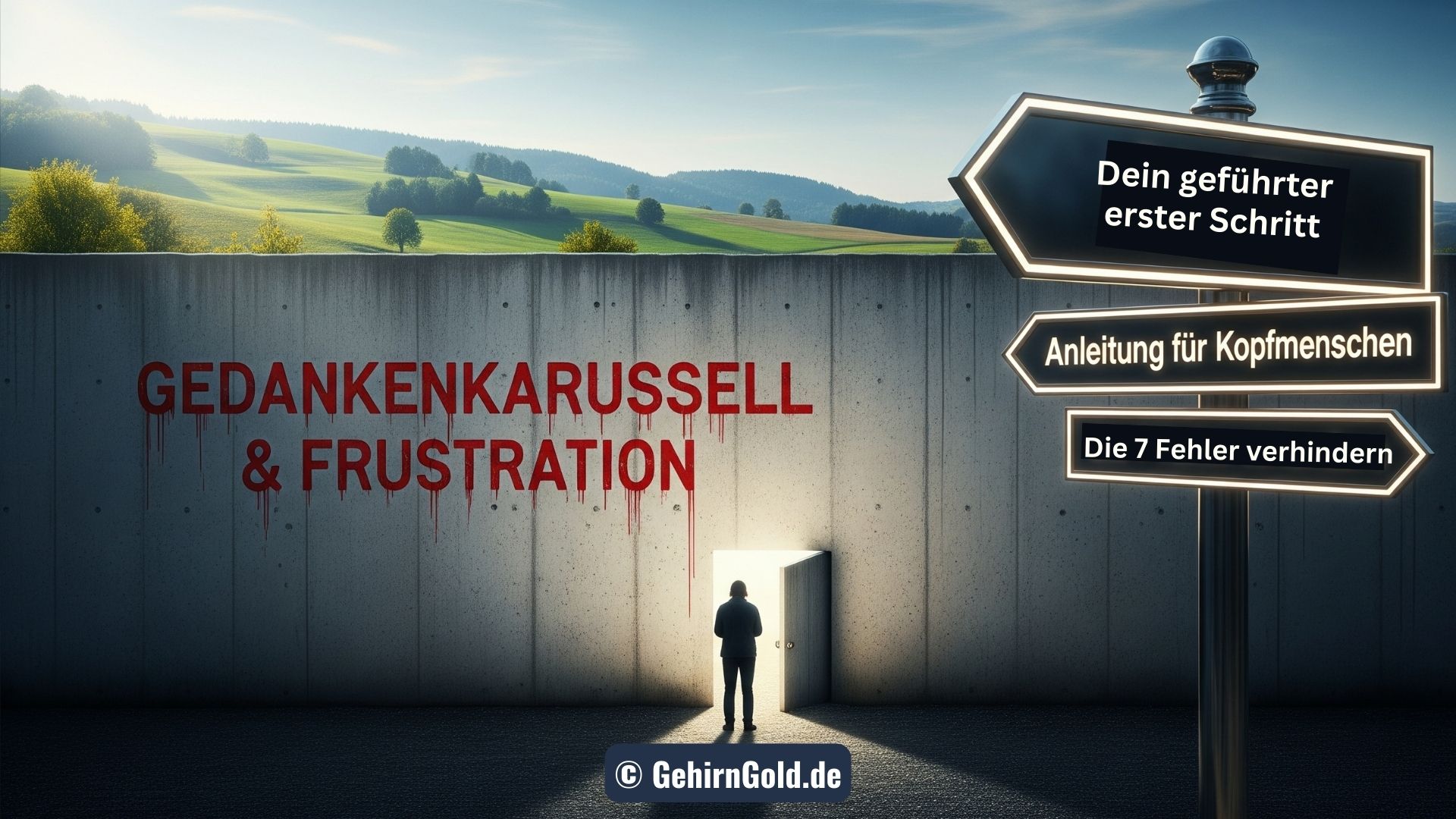 Eine Person, die zweifelnd vor einer verschlossenen Tür zur Entspannung steht, während daneben ein Wegweiser den einfachen, direkten Weg zeigt.