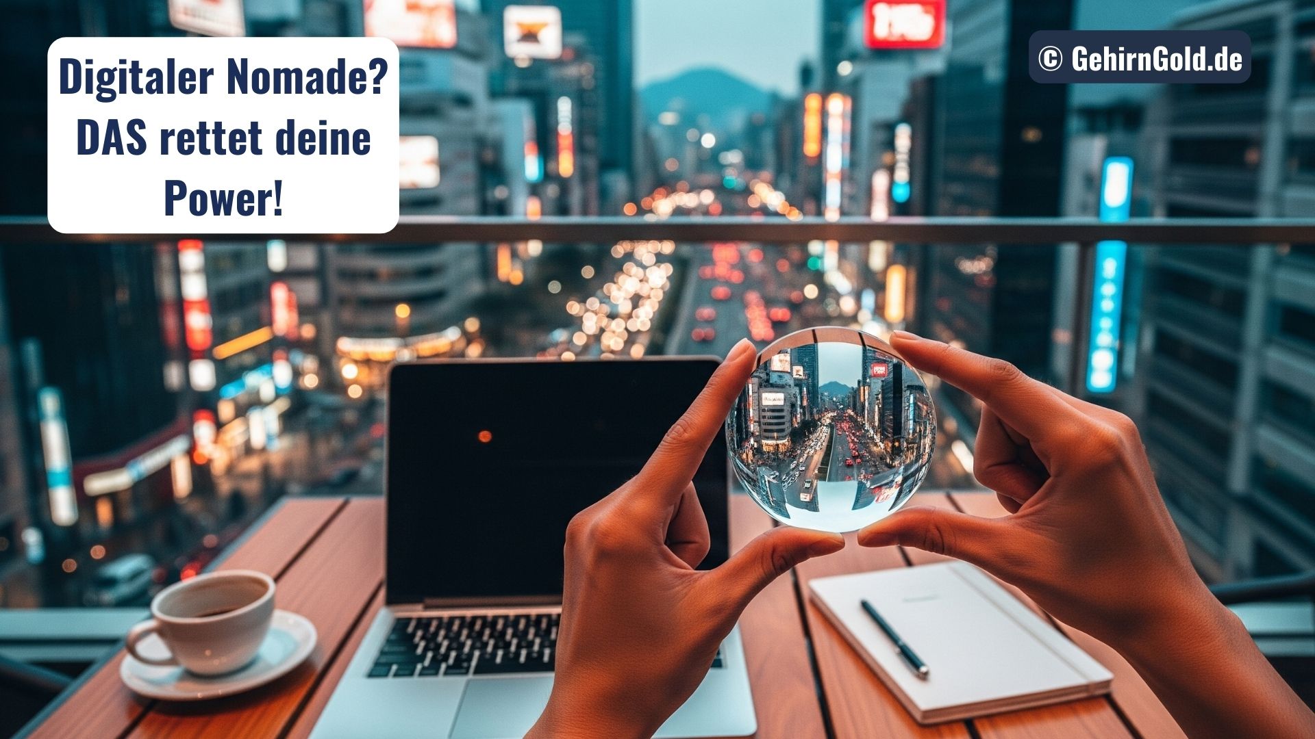 Eine Person blickt durch ein klares Objektiv auf eine chaotische, überreizte Welt und schafft so Fokus und Klarheit.