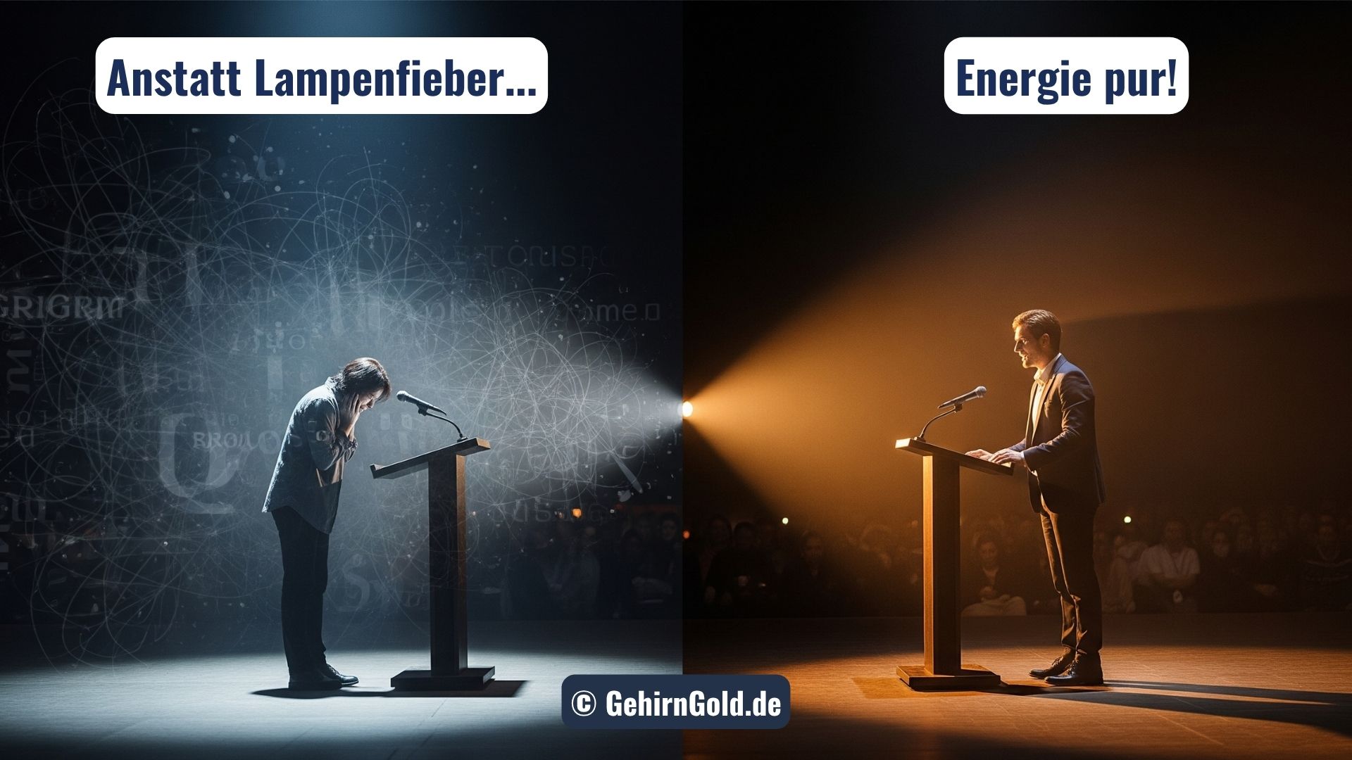 Eine Person verwandelt Lampenfieber und Präsentationsangst in souveräne, charismatische Ausstrahlung auf der Bühne.