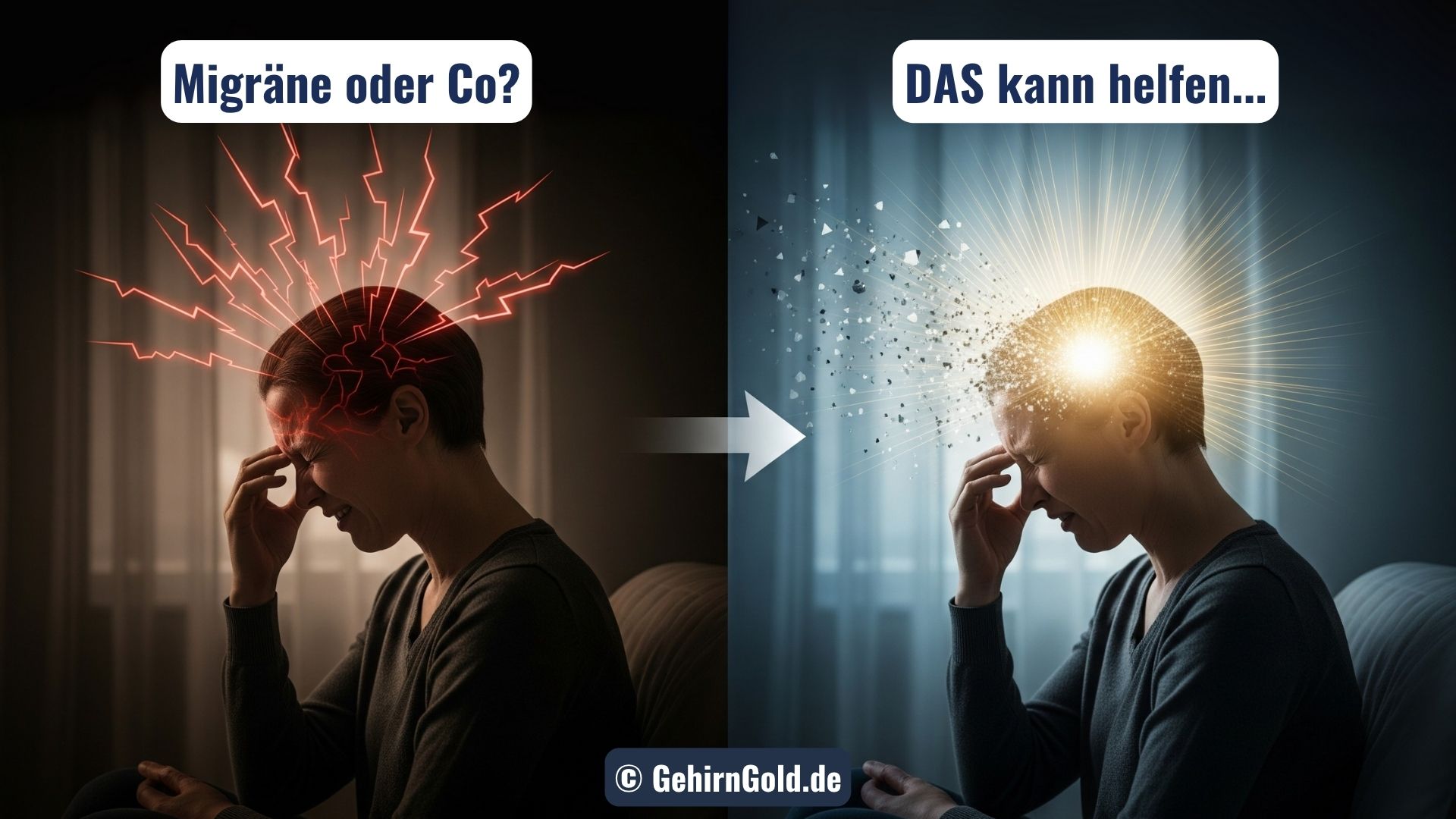 Eine Person erlebt die Transformation von einem schmerzhaften Migräneanfall zu einem Zustand tiefer, heilsamer Ruhe.