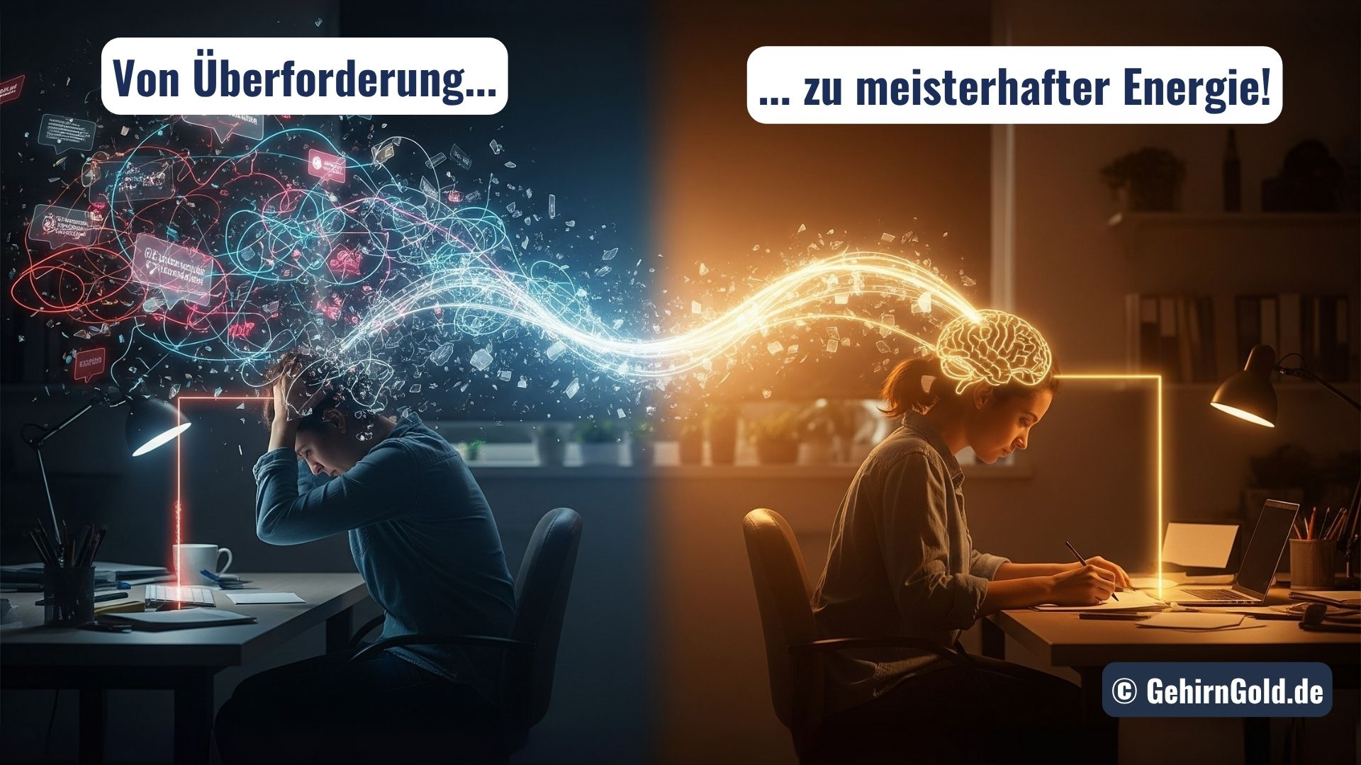 Eine Person durchlebt eine Transformation von mentalem Chaos und Reizüberflutung zu einem Zustand von klarem, ruhigem Fokus.