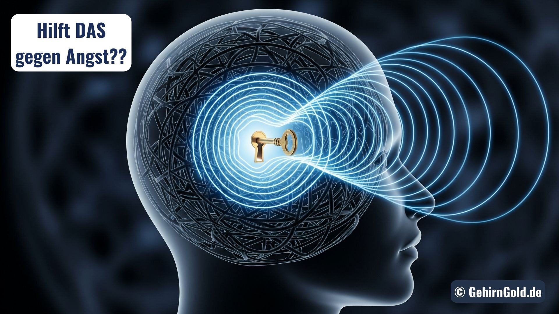 Ein goldener Schlüssel löst ein dunkles Labyrinth im Kopf auf, als Symbol für die Wirkung von Hypnose gegen Angst.