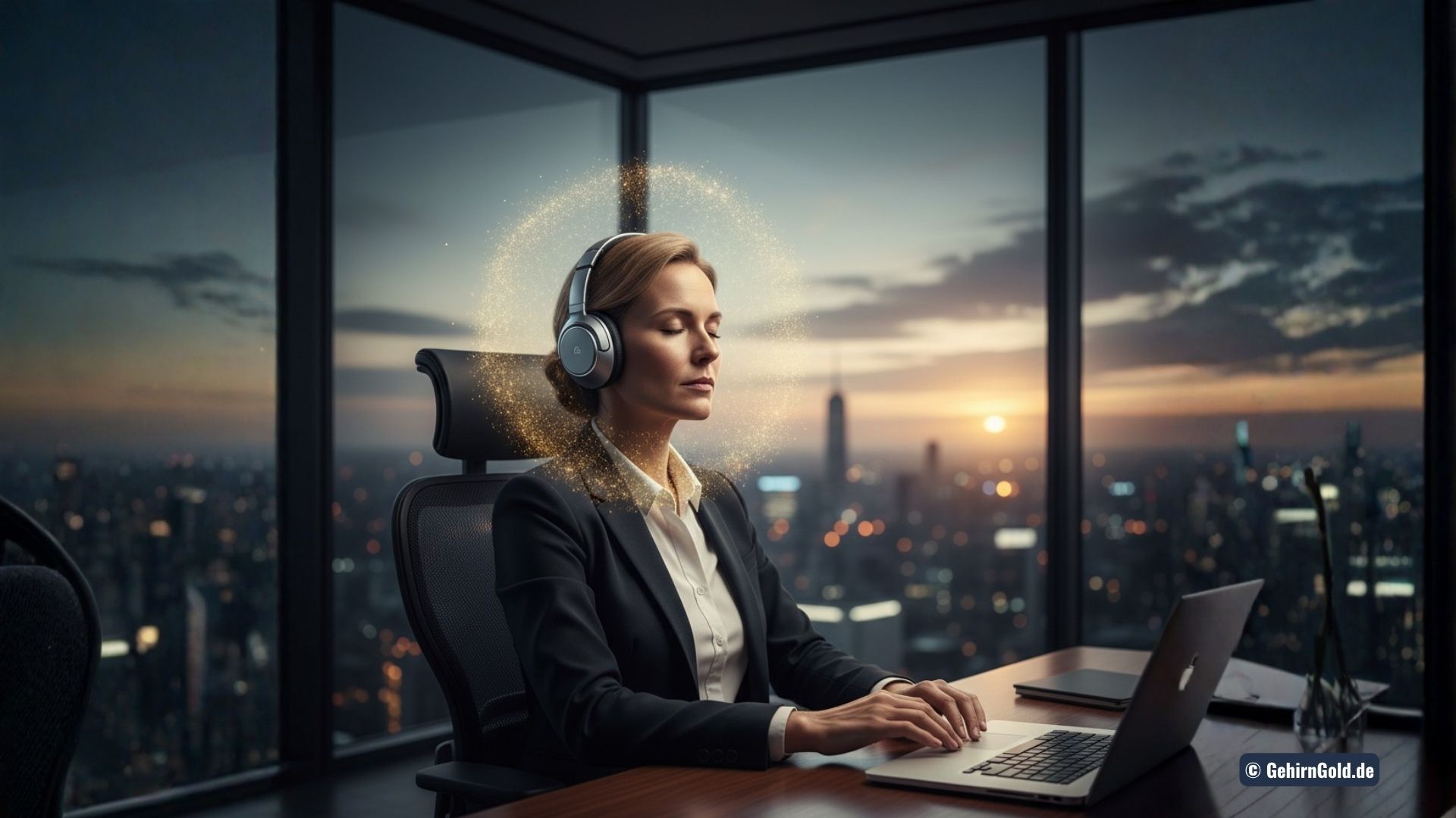 Eine Person macht diskret einen PowerNap am Schreibtisch, während im Hintergrund die Produktivitätskurve steigt.