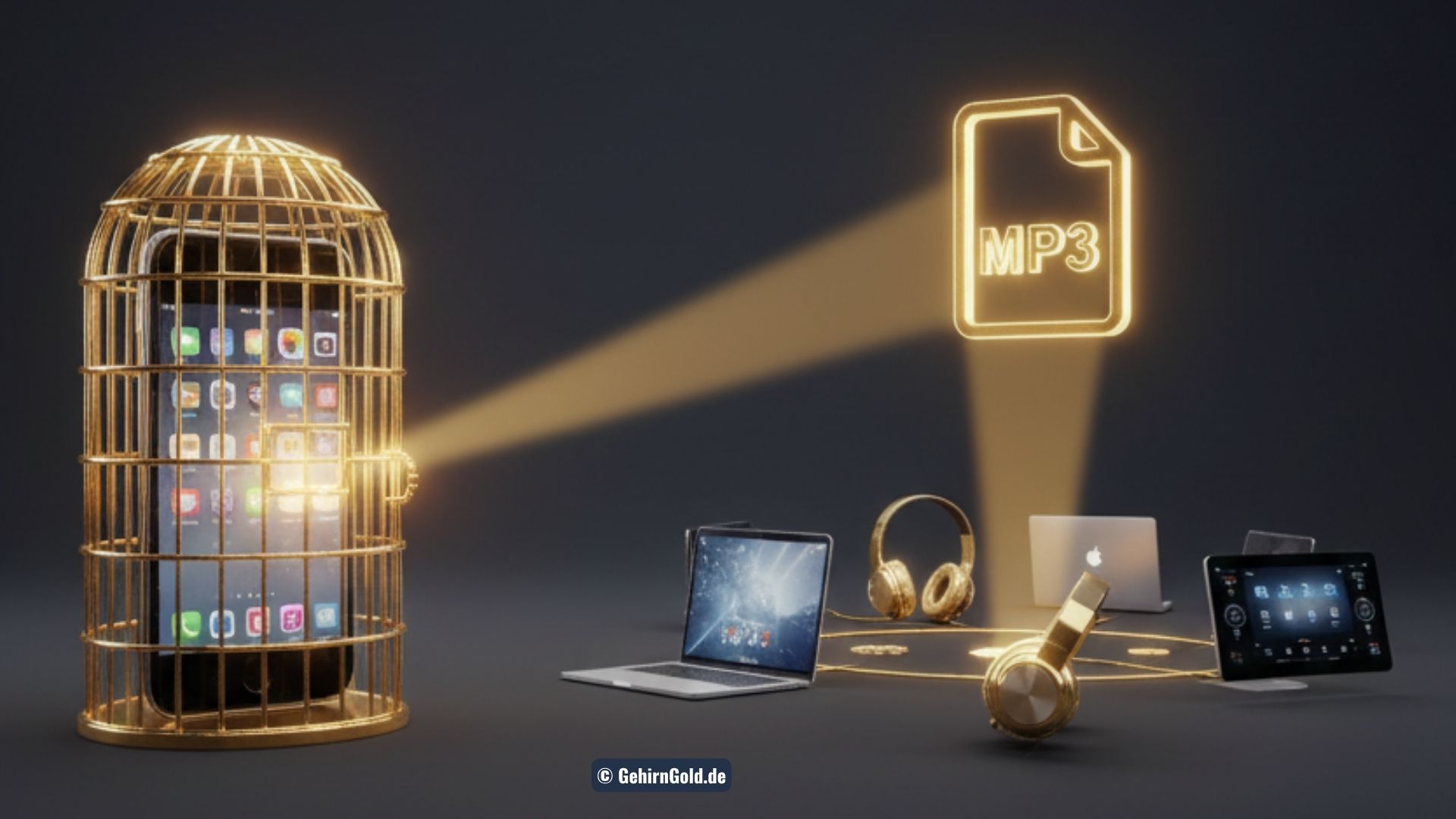 Ein goldener Käfig mit einem Smartphone (App) auf der einen Seite und ein freier Vogel mit einer MP3-Datei auf der anderen Seite, der Freiheit symbolisiert.
