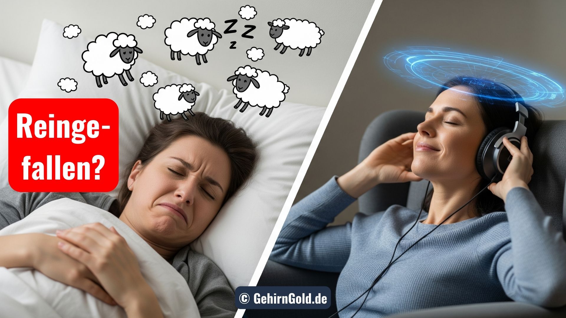 Humorvoller Vergleich: Links eine Person, die genervt Schäfchen zählt; rechts eine Person, die tiefenentspannt einem professionellen PowerNap lauscht.