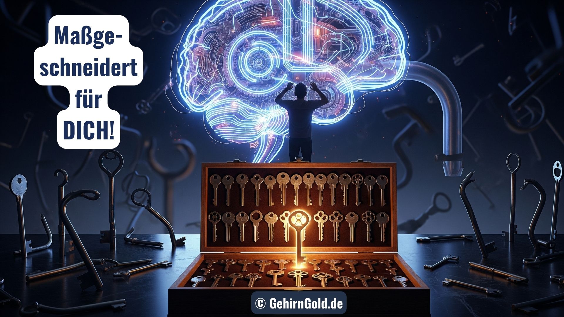 Ein Mann findet in einer edlen Werkzeugbox den einen leuchtenden Schlüssel, der perfekt zu einem komplexen Gehirn-Schloss passt.