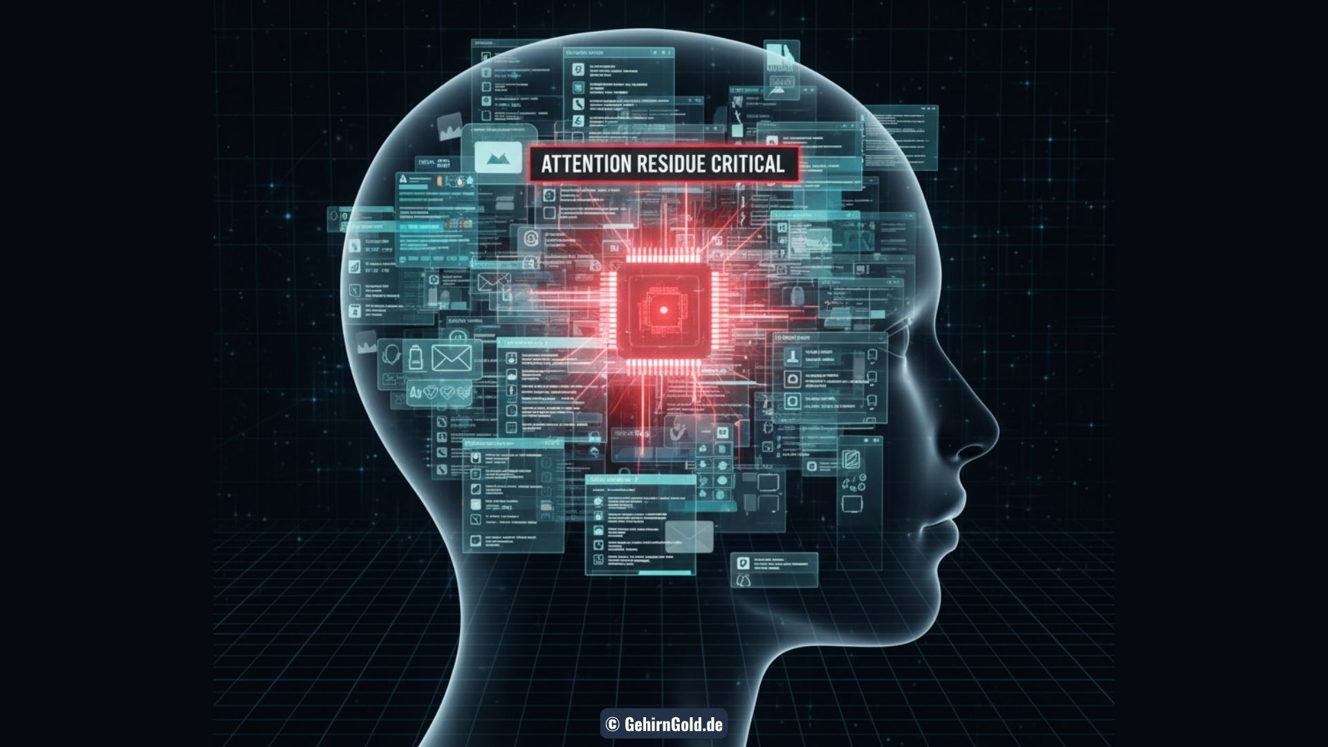 Eine Person, die überfordert vor mehreren Bildschirmen sitzt, die alle unterschiedliche Aufgaben zeigen und so das Chaos des Context Switching symbolisieren.