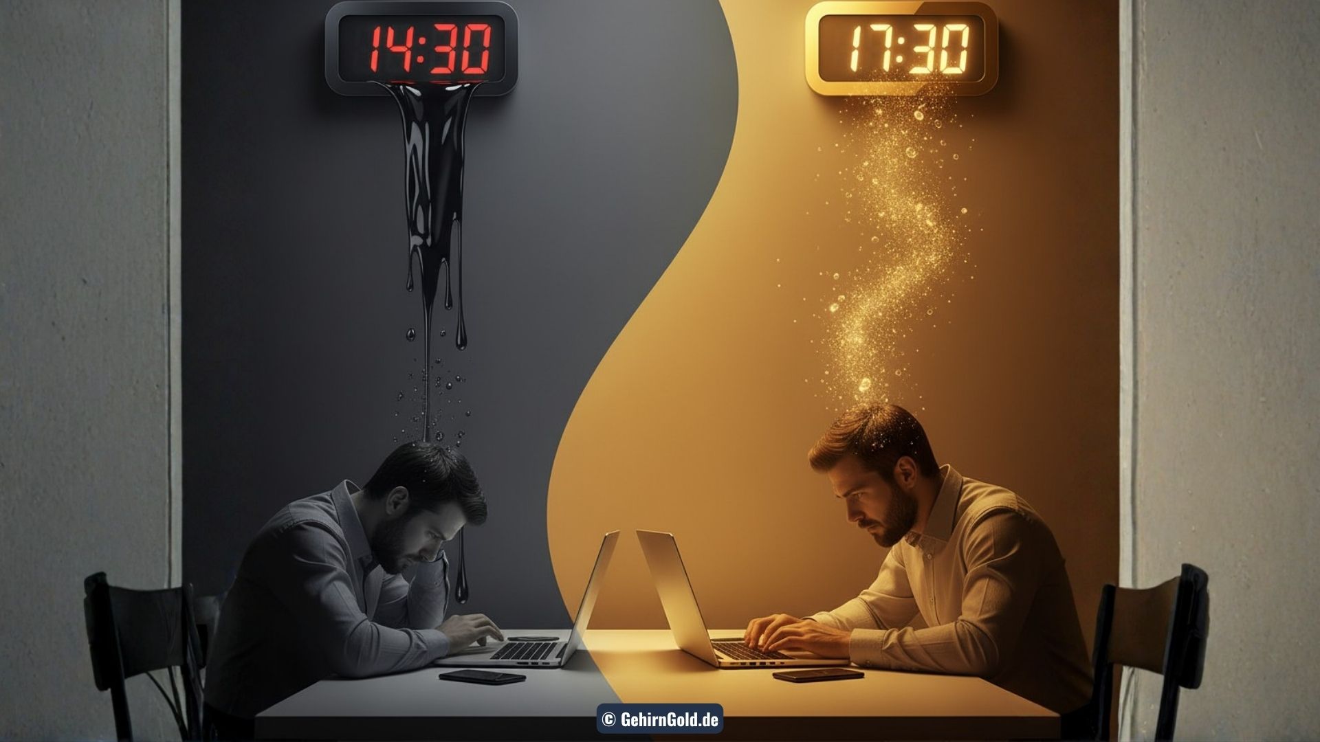 Visuelle Transformation einer Person am Schreibtisch. Links müde und im Nachmittagstief, rechts nach einem PowerNap wieder voller Energie und Fokus.