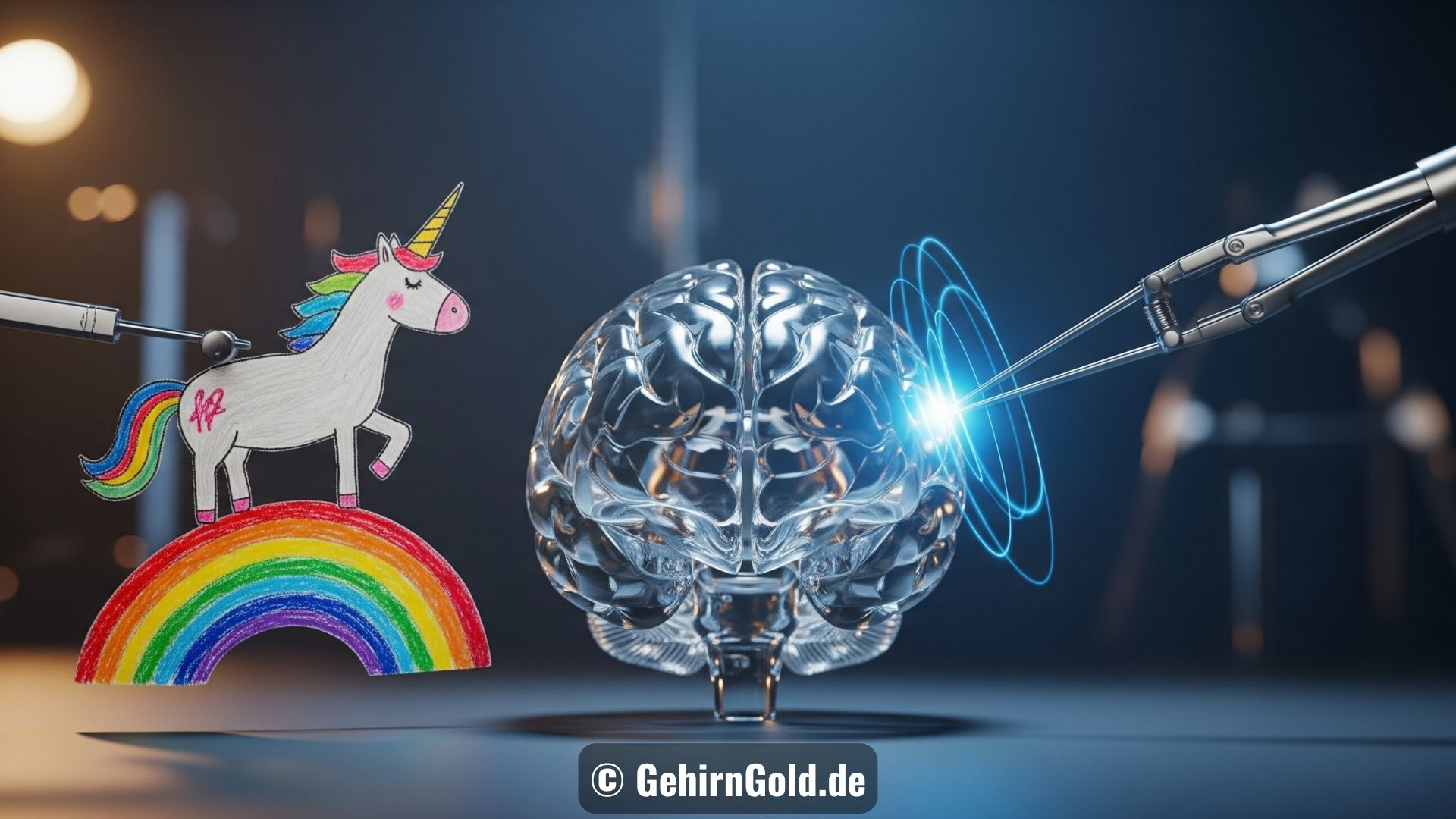 Ein gläsernes Gehirn wird links von einem kindlichen Einhorn und rechts von einem präzisen Instrument beeinflusst.